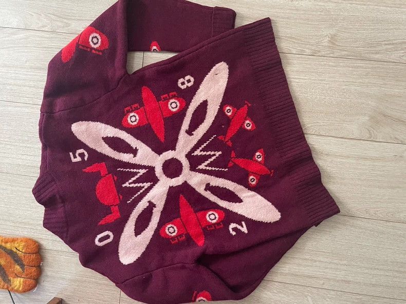 Walter Van Beirendonck burgundy wool sweater with airplane design Size US S / EU 44-46 / 1 - 3 Thumbnail