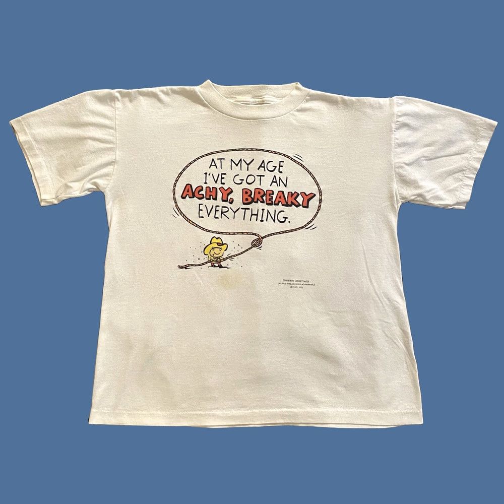 Vintage VINTAGE Unbranded Shirt Mens XL White Cotton Knit Crew Neck Short Sleeve Graphic Print Stitch Cartoon Funny Western Shoebox Greetings Boxy Size US XL / EU 56 / 4 - 1 Thumbnail
