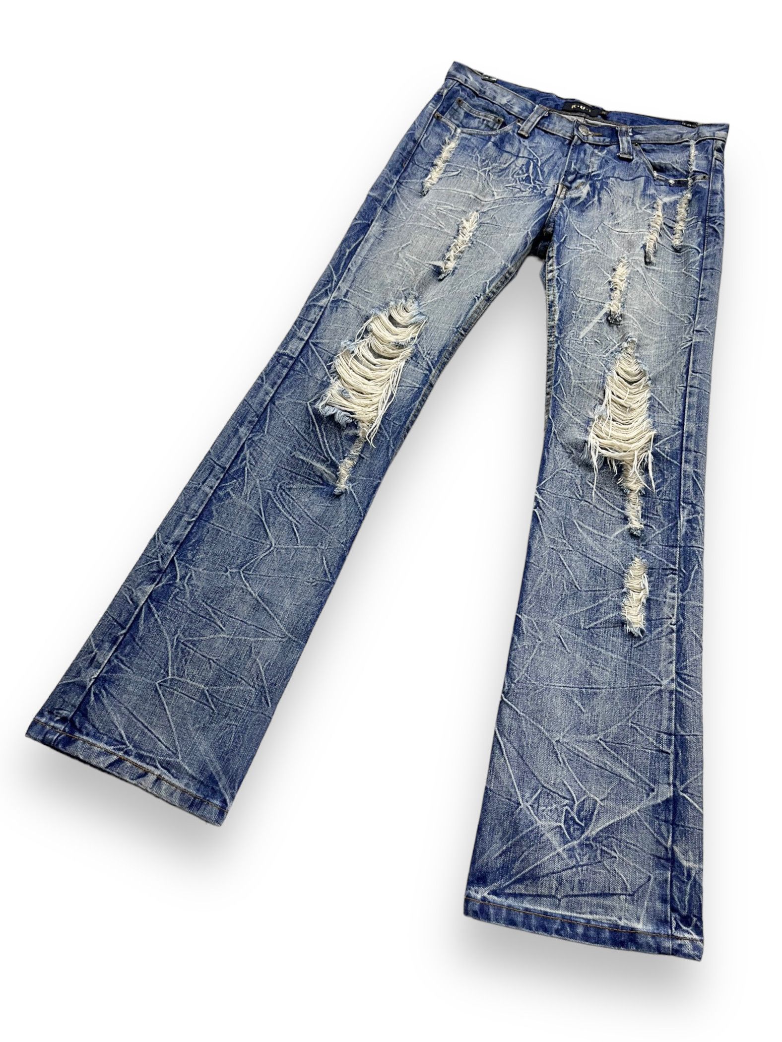 Japanese Brand SICK🔥Vtg KUI Acid Wash Ripped Flare Denim Size US 31 - 7 Thumbnail