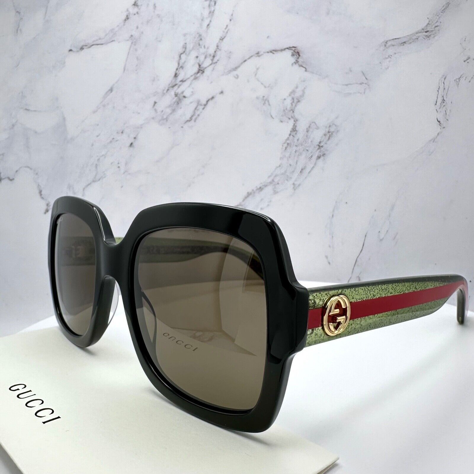 Gucci New Gucci Sunglasses Black Square Red Green Web Arms Gold Size ONE SIZE - 20 Thumbnail