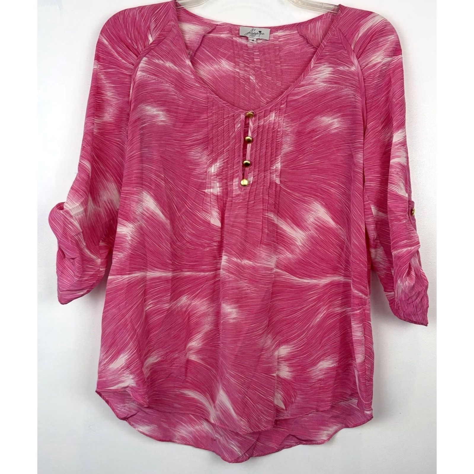Pinko Womens 81 Poppies Silk Blouse Tunic Top Hot Pink USA Tab Sleeve 4 Size S / US 4 / IT 40 - 2 Thumbnail
