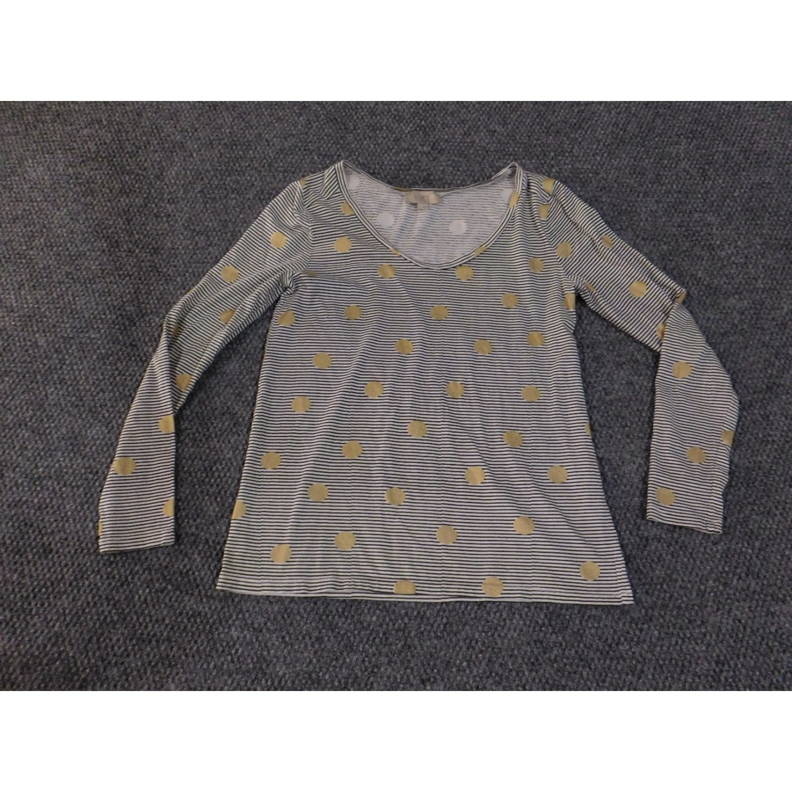 Loft LOFT Shirt Womens S White Navy Stripe Gold Dot Long Sleeve Cotton Blouse Size S / US 4 / IT 40 - 2 Thumbnail