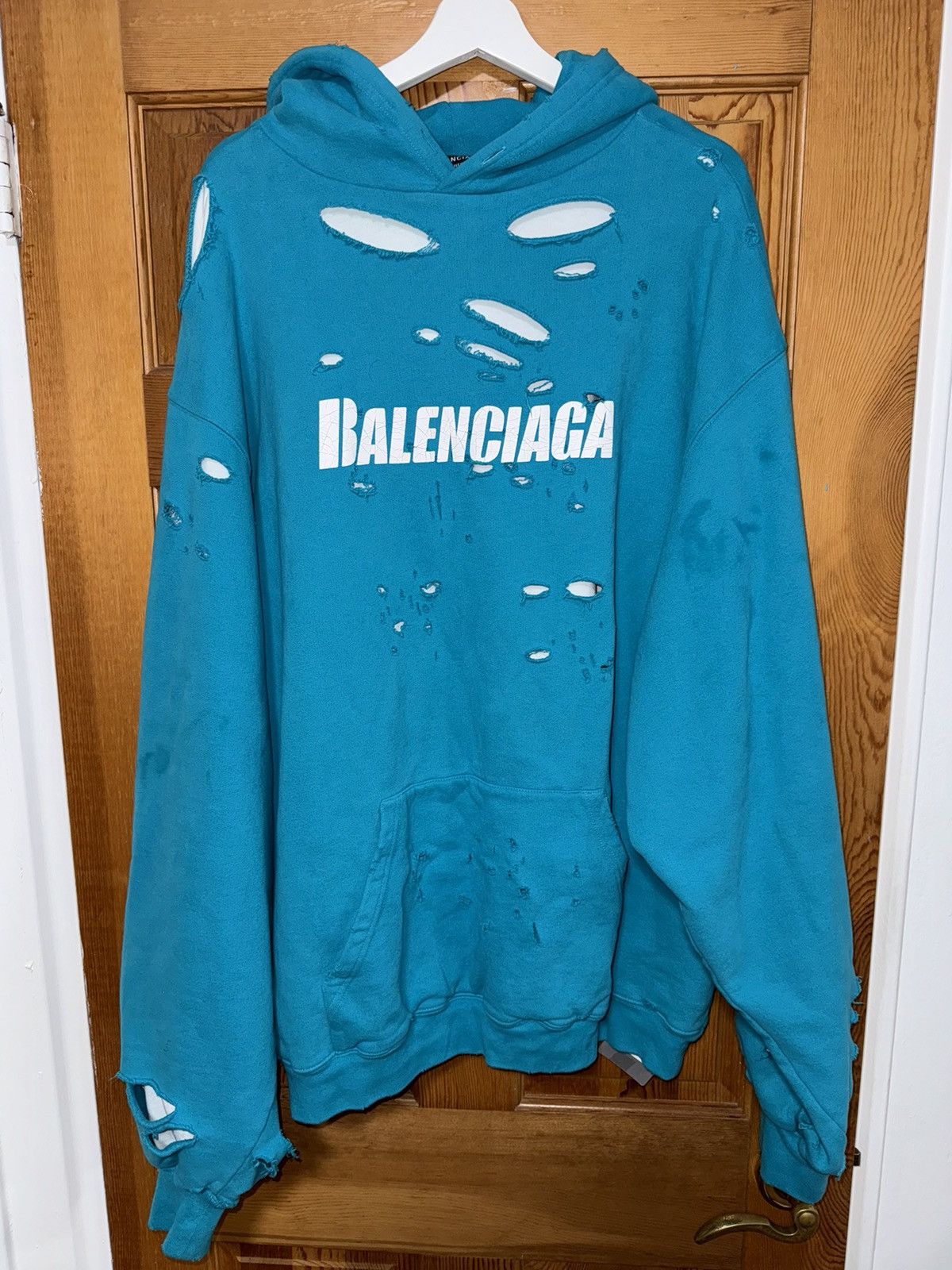 image of Balenciaga Caps Turquoise Destroyed Hoodie $1250, Men's (Size Small)