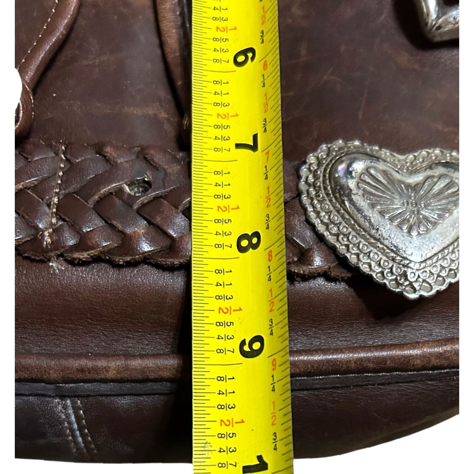 Brighton VINTAGE Brighton Western Crossbody Purse Hearts Leather Brown Conchos Damaged Women Crossbody Bag Medium Brown Leather, Silver Hardware Women Size ONE SIZE - 7 Thumbnail