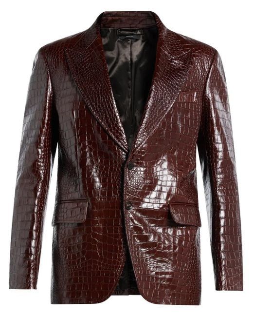 Tom Ford o1w1db10925 LJTO13 Croc-Effect Leather Blazer in Brown Size US L / EU 52-54 / 3 - 1 Thumbnail