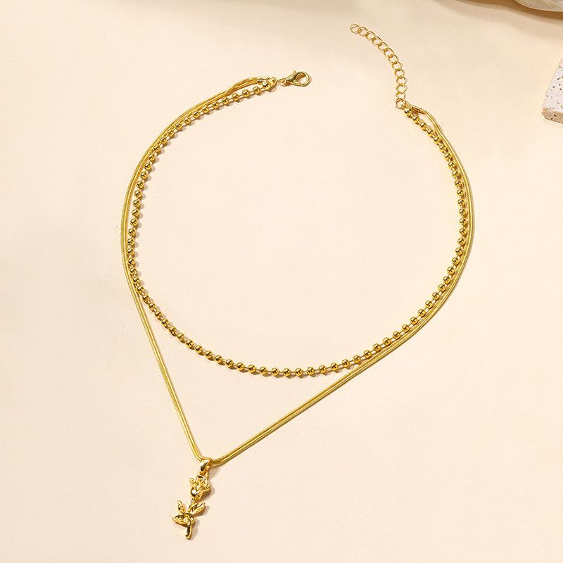 Jewelry Double Layer Rose Chain Pendant Necklace Size ONE SIZE - 4 Thumbnail