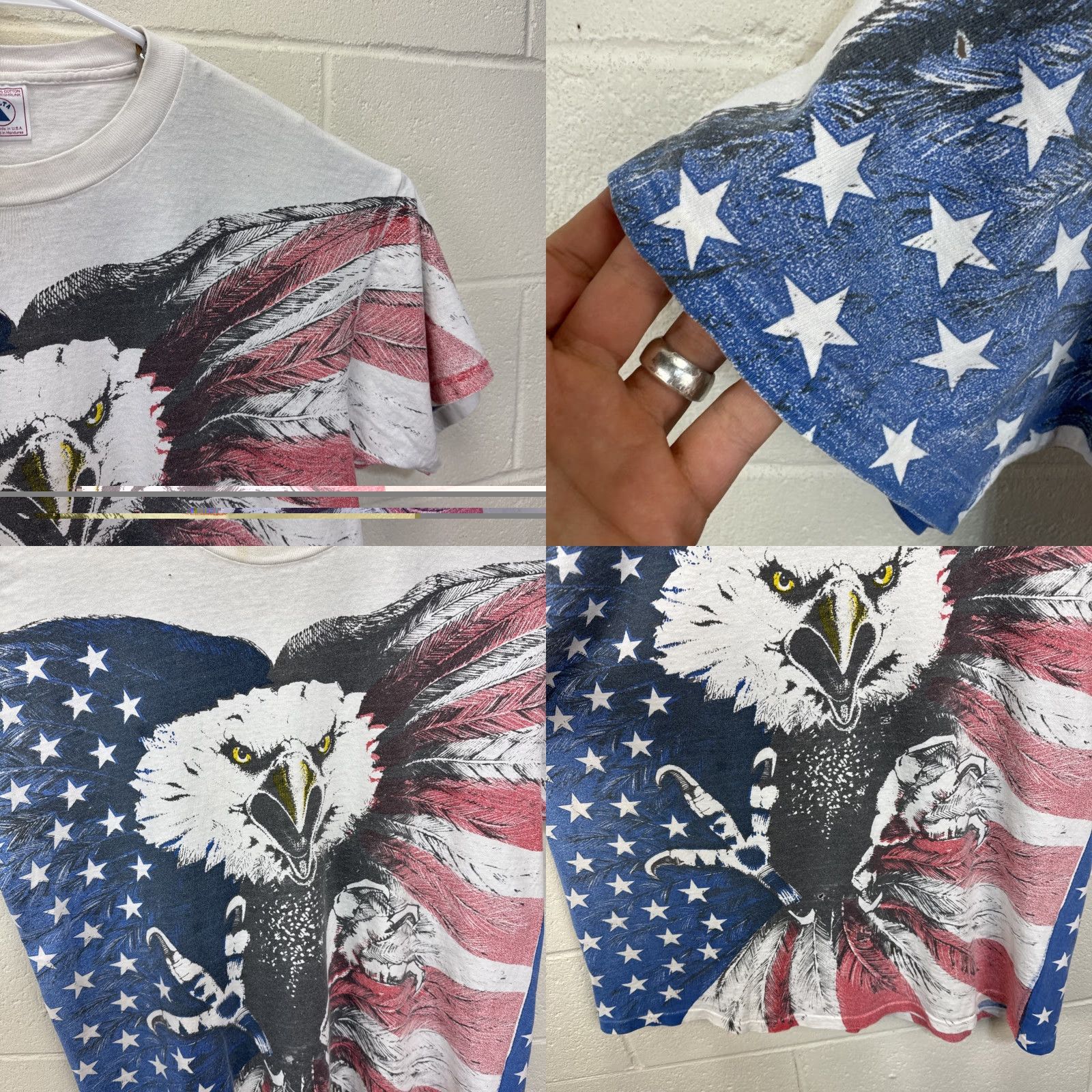 Delta VINTAGE USA Flag Eagle America All Over Print AOP T-Shirt Size XL White Delta Pro Weight Mens Short Sleeve Crew Neck 90s USA Flag Animals Size US XL / EU 56 / 4 - 8 Thumbnail