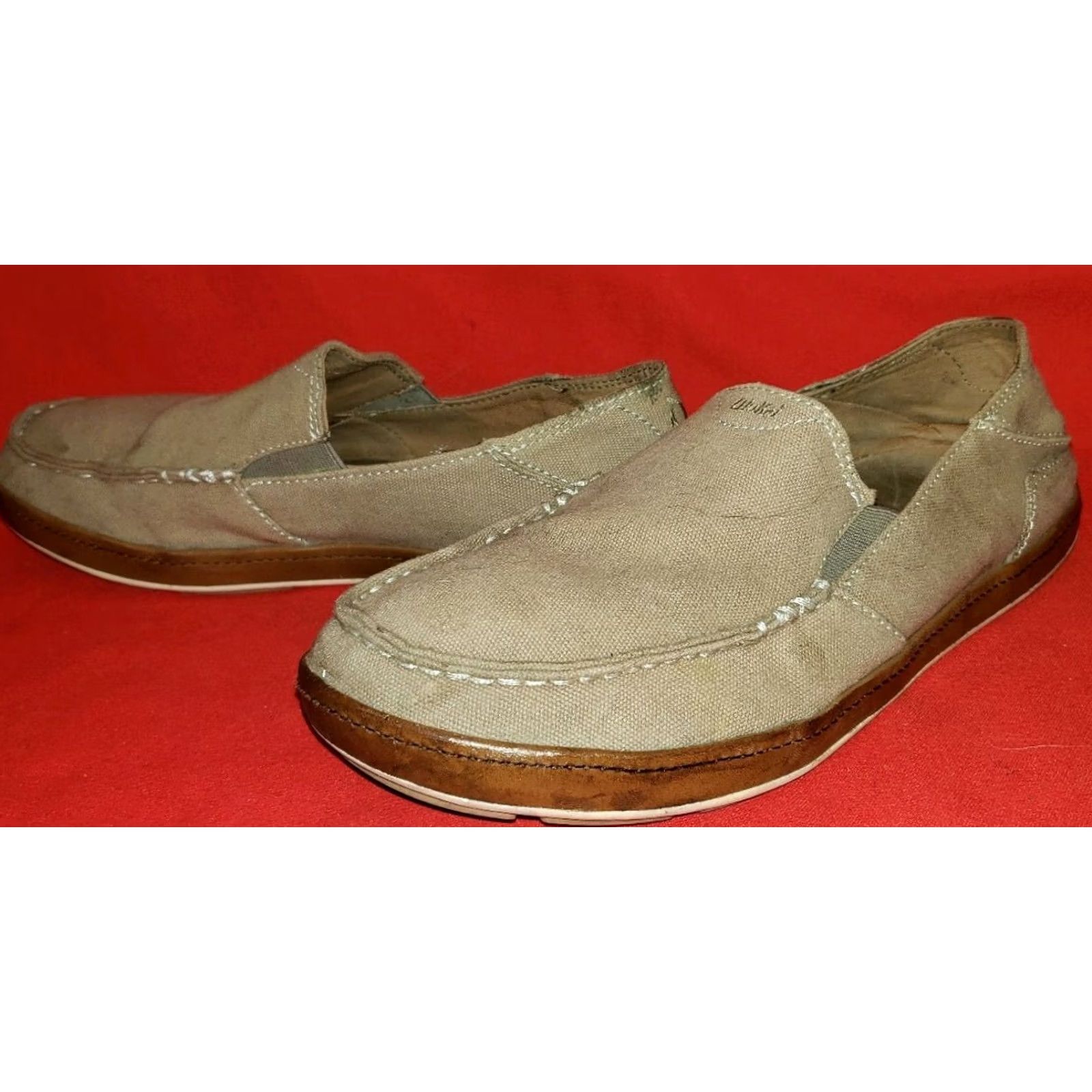 Olukai OluKai Puhalu Canvas Men's Loafers Casual Slip On Tan Kahki Leather Edge 9M Mens Size US 9 / EU 42 - 4 Thumbnail