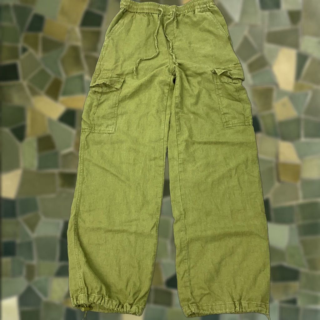 Vintage Love Tree Pants Womens Small Green Linen Blend Cargo Jogger Drawstring 27in Size 28" / US 6 / IT 42 - 1 Thumbnail