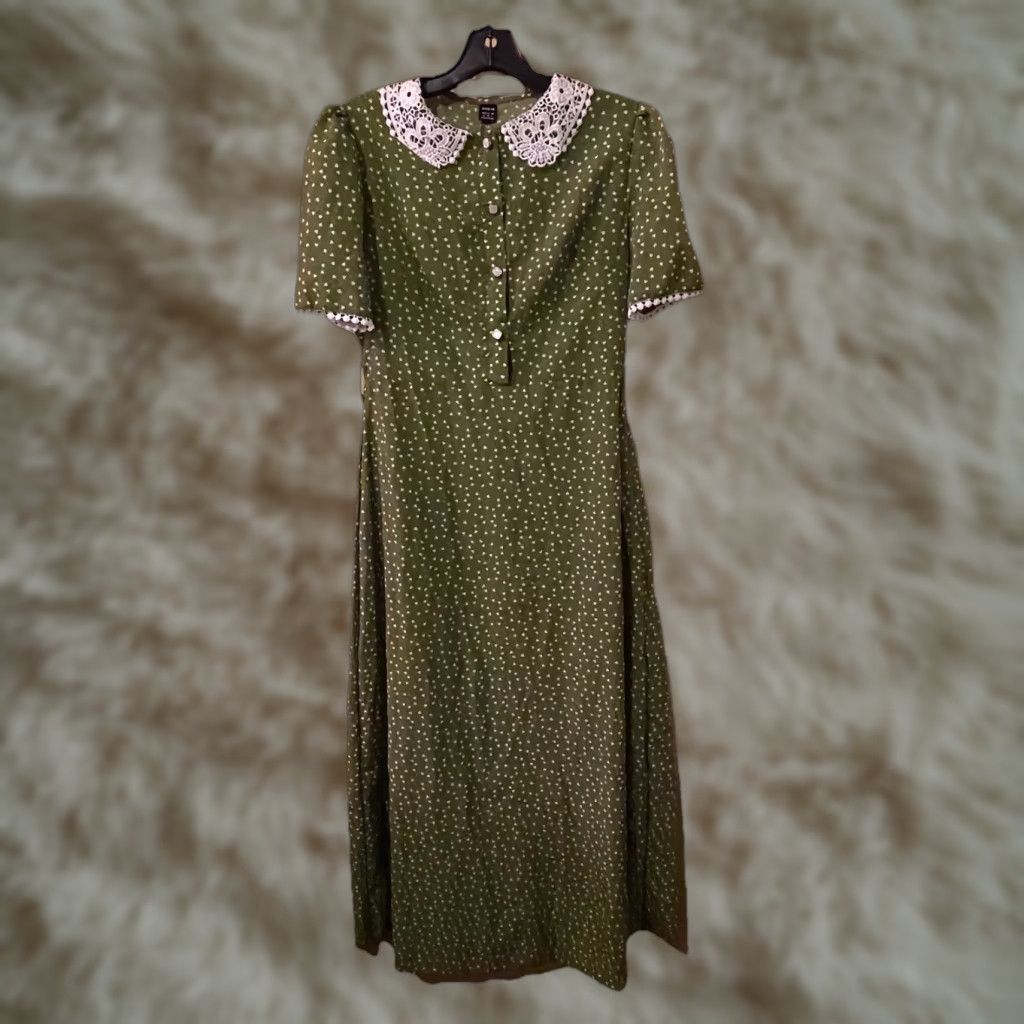 slim fit dress slacks Maisie Bias Long Sleeve Mini Dress In Olive Green Polka Dots – MONO BÍAS main image 1