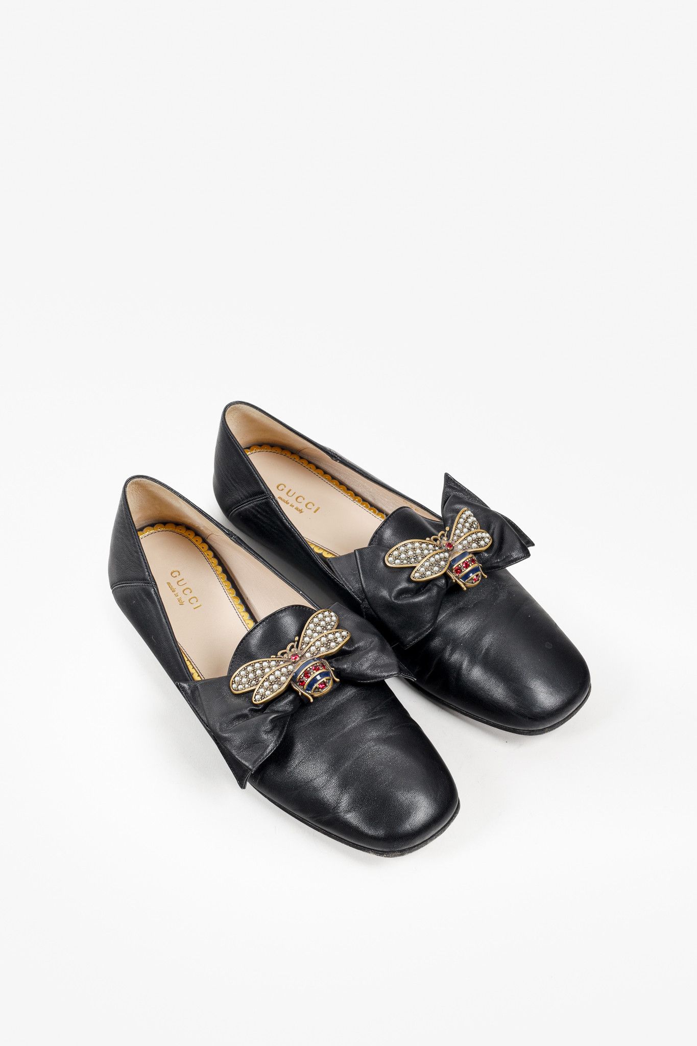 Gucci Black Loafers with Gold Bee Detail Gucci Loafers, Size 5. 5 UK: Star & Bee Embroidery main image 2