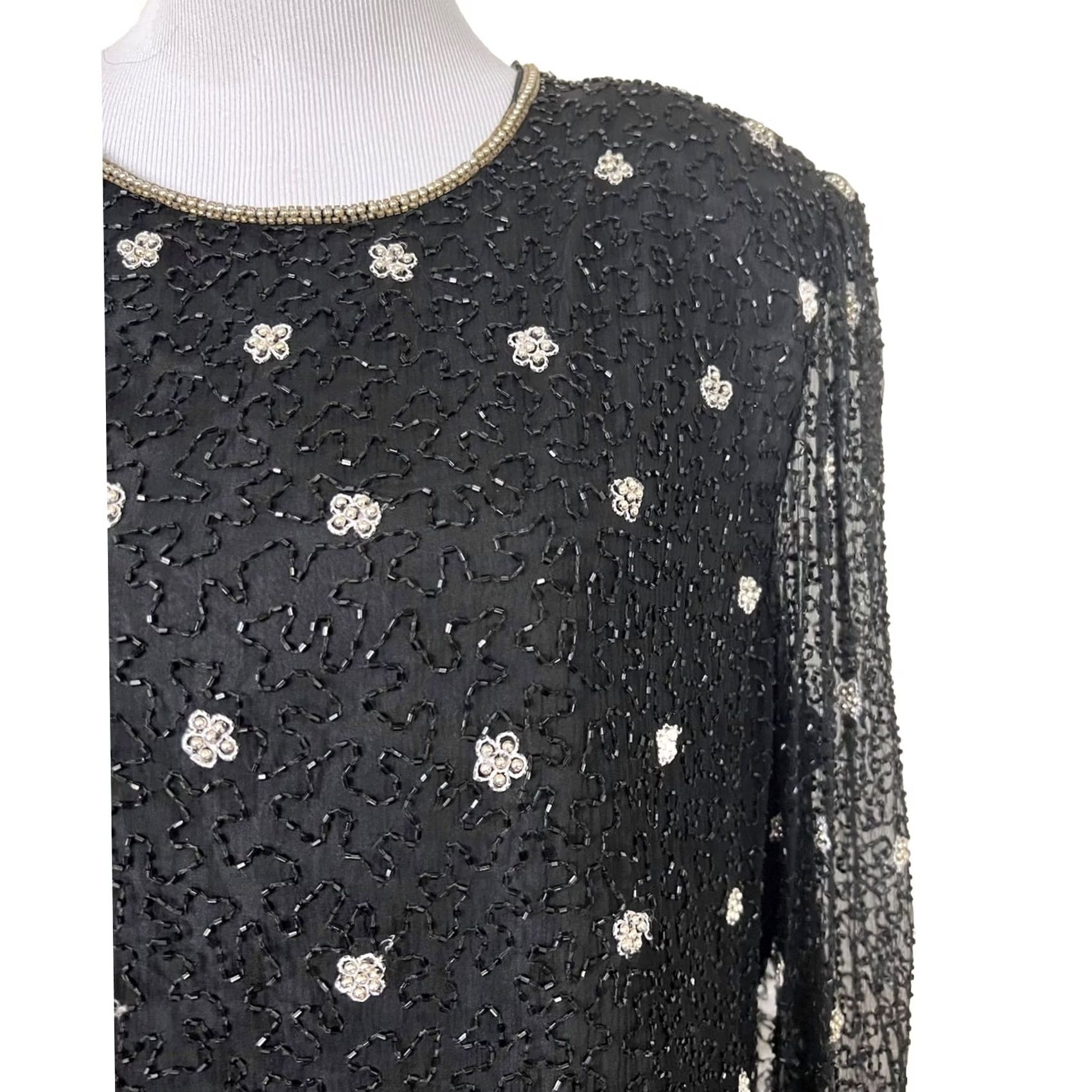 Vintage VINTAGE Laurence Kazar Black Beaded Silk Top Blouse 1X Long Sleeve Eveningwear Shirt Former 80s Womens Size XL / US 12-14 / IT 48-50 - 4 Thumbnail