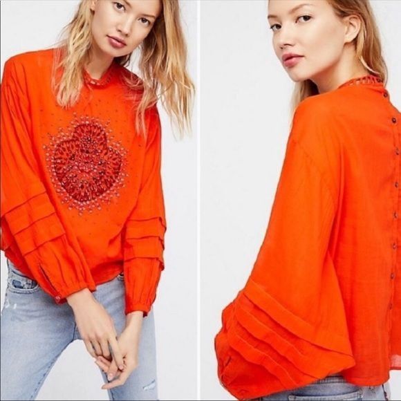 Free People Free People S Heart of Gold Orange Beaded Boho Top Semi Shee Size S / US 4 / IT 40 - 1 Thumbnail