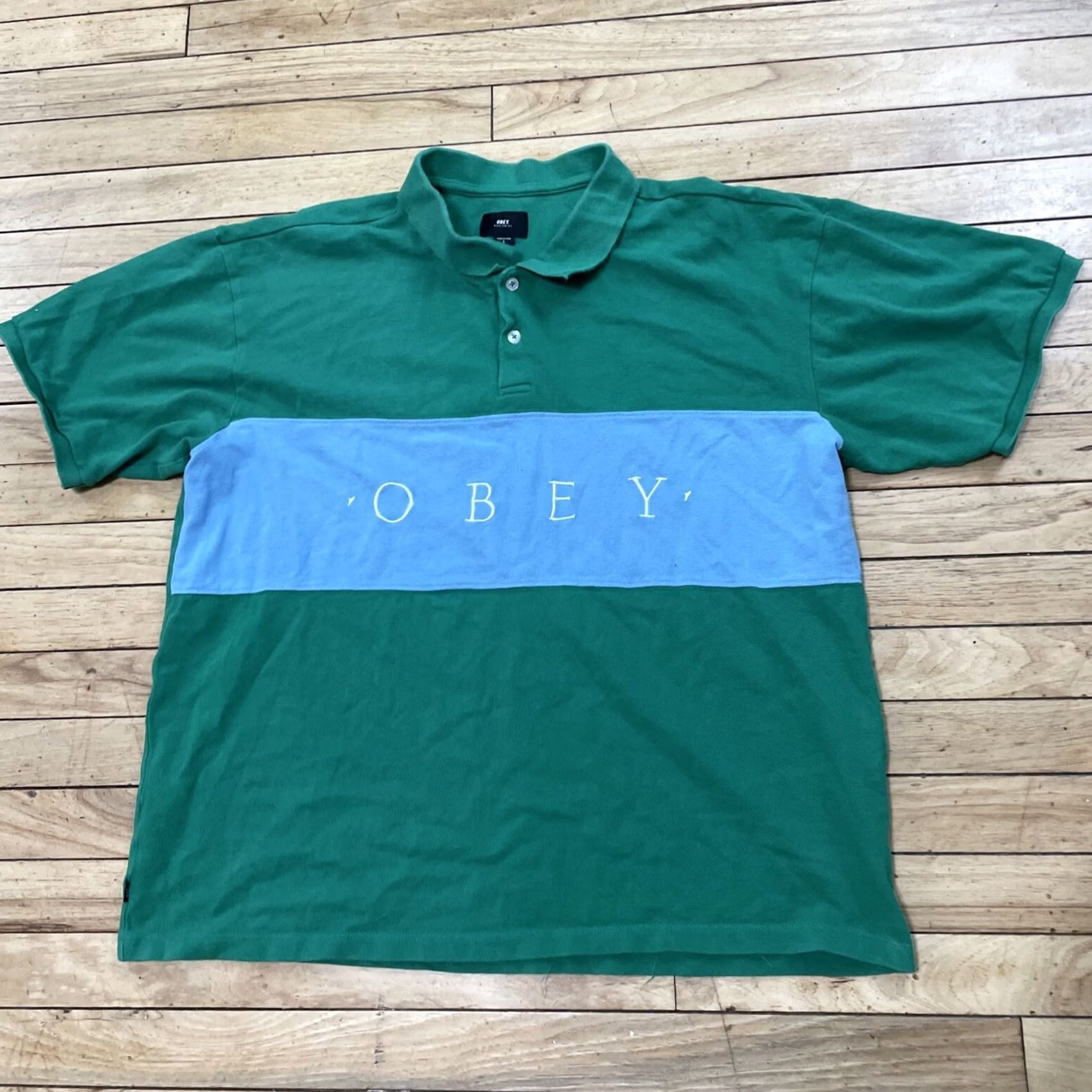 Obey OBEY Polo Shirt Men L Green Blue Colorblock Y2k Streetwear Knit Polo Shirt Colorblock Logo Short Sleeve Casual Golf 90s Preppy Size US L / EU 52-54 / 3 - 2 Thumbnail