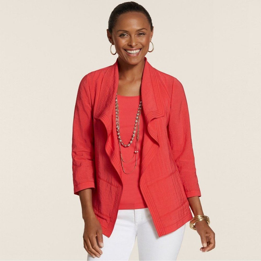 Chicos Chico's Breezy Sheen Drape-Front Red Jacket Size 0 US S Size S / US 4 / IT 40 - 1 Thumbnail