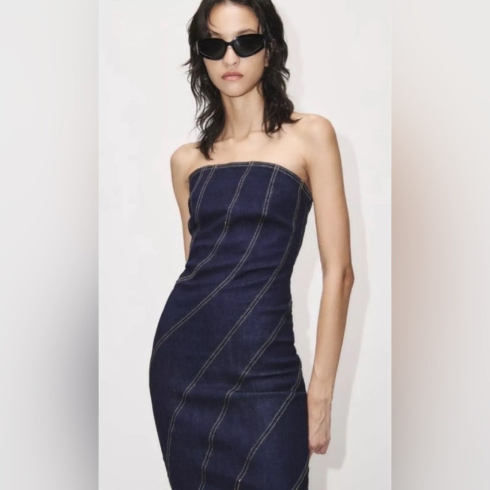 Zara ZARA WOMAN ZW STRAPLESS DENIM MIDI DRESS BLUE XS Size XS / US 0-2 / IT 36-38 - 7 Thumbnail