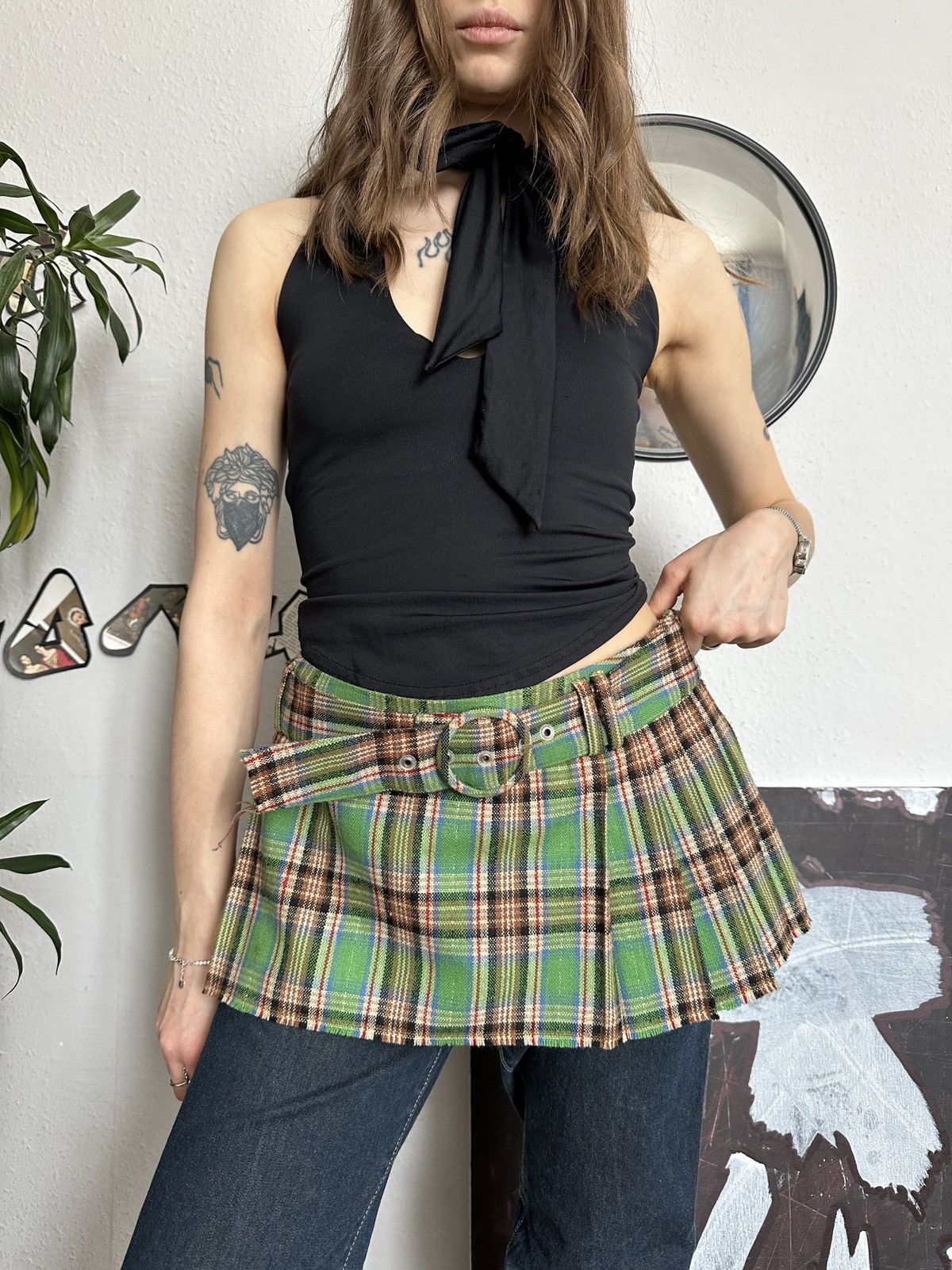 Beauty Beast × Japanese Brand Micro mini extra skirt vintage plaid pleated buckle belt Size 34" / US 12 / IT 48 - 1 Thumbnail