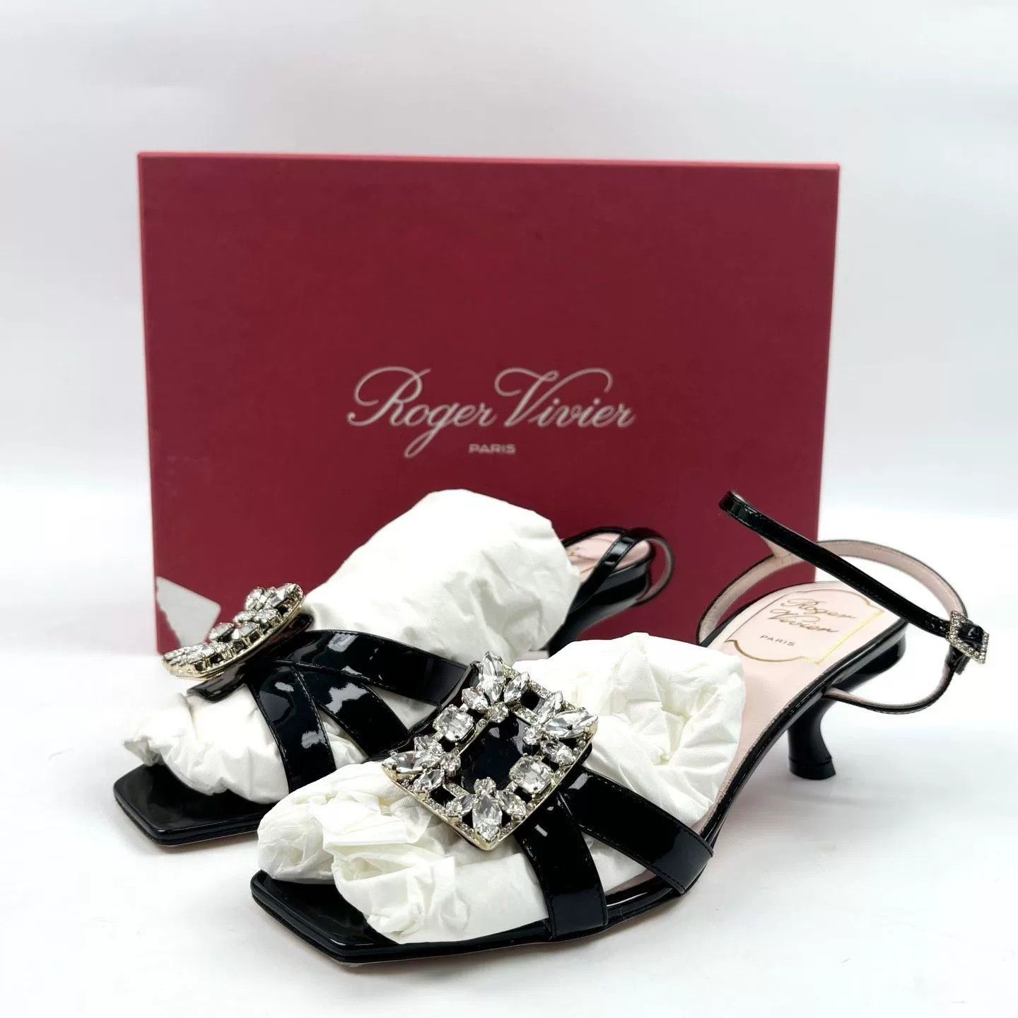 Roger Vivier RV Patent Leather Strappy Diamond Buckle Kitten Heel Size US 5.5 / IT 35.5 - 1 Thumbnail
