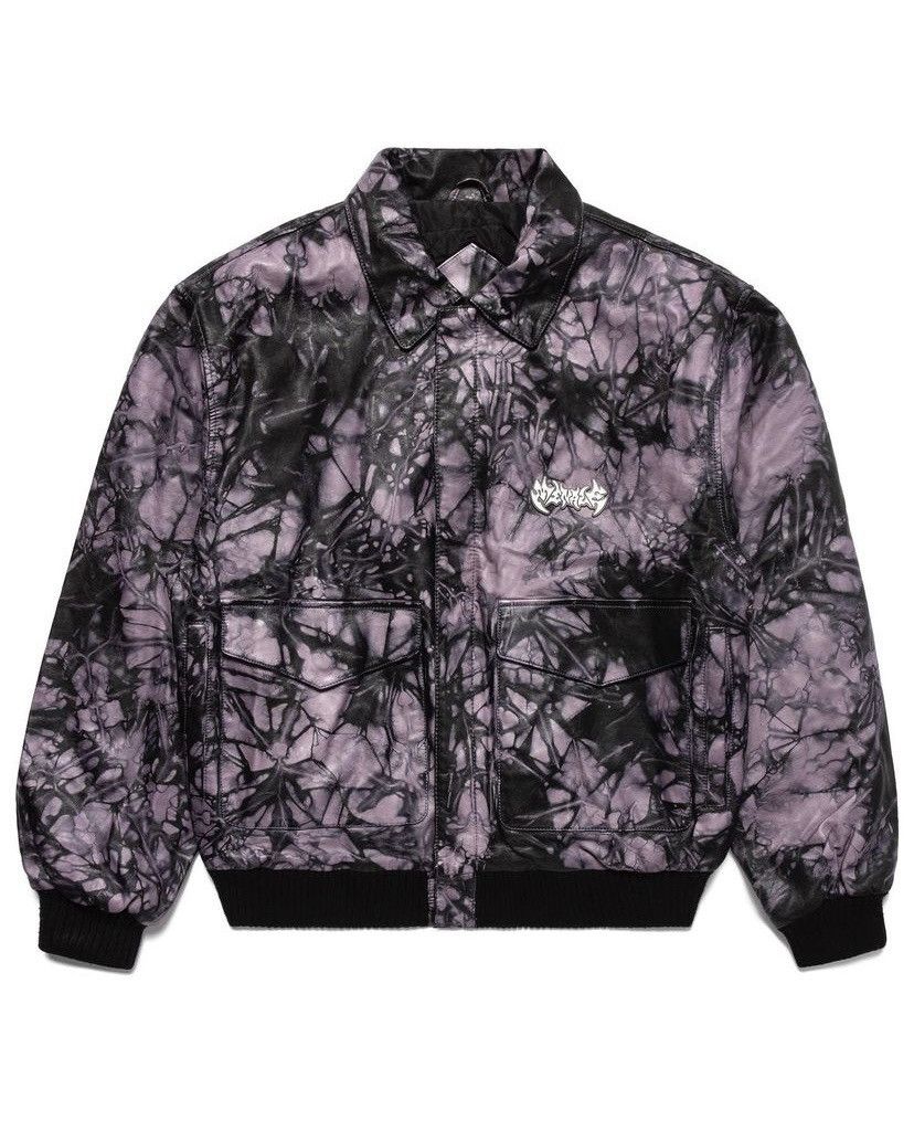 image of Menace Tye Dye Leather Flight Jacket Bomber in Purple, Men's (Size Large)