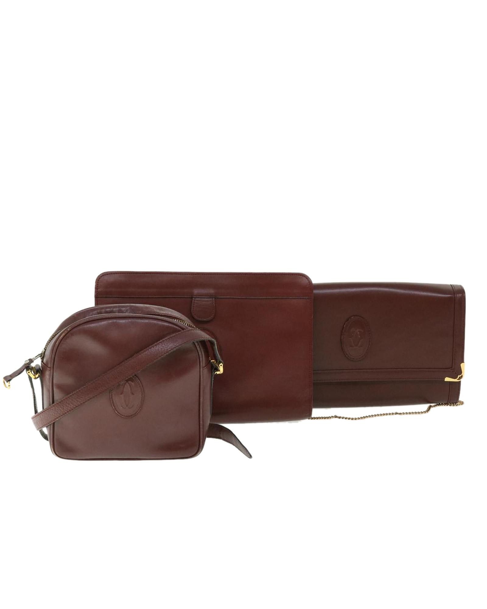 image of Cartier Wine Red Leather Shoulder Clutch Bag Set, Women's