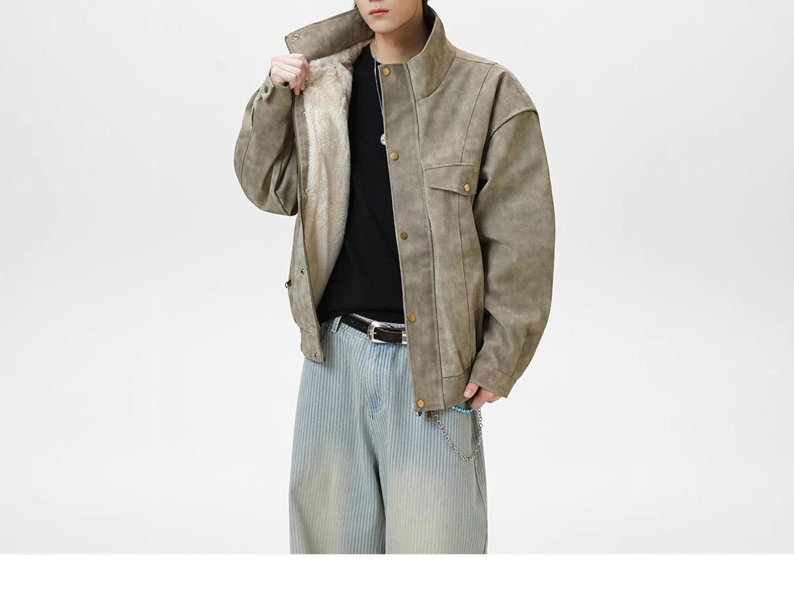 Japanese Brand Faux Suede Men's Bomber Jacket, Red Lined Outerwear Size US M / EU 48-50 / 2 - 5 Thumbnail