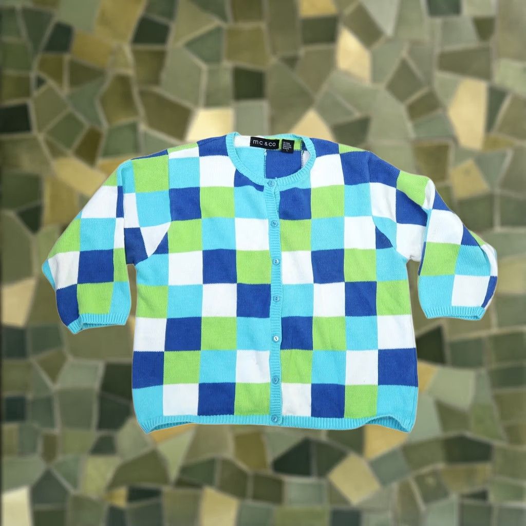 Vintage VINTAGE Y2K Blue and Green Grid Checker Print Knit Cardigan L Mens Womens Boys Girls Size L / US 10 / IT 46 - 1 Thumbnail