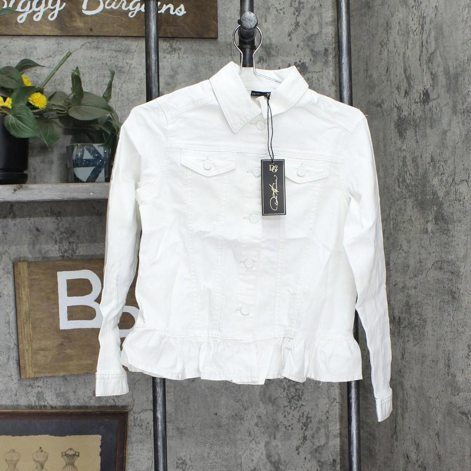 Designer Dg2 Ruffled-Hem Classic Stretch Denim Jacket 688254 White S Size S / US 4 / IT 40 - 1 Thumbnail