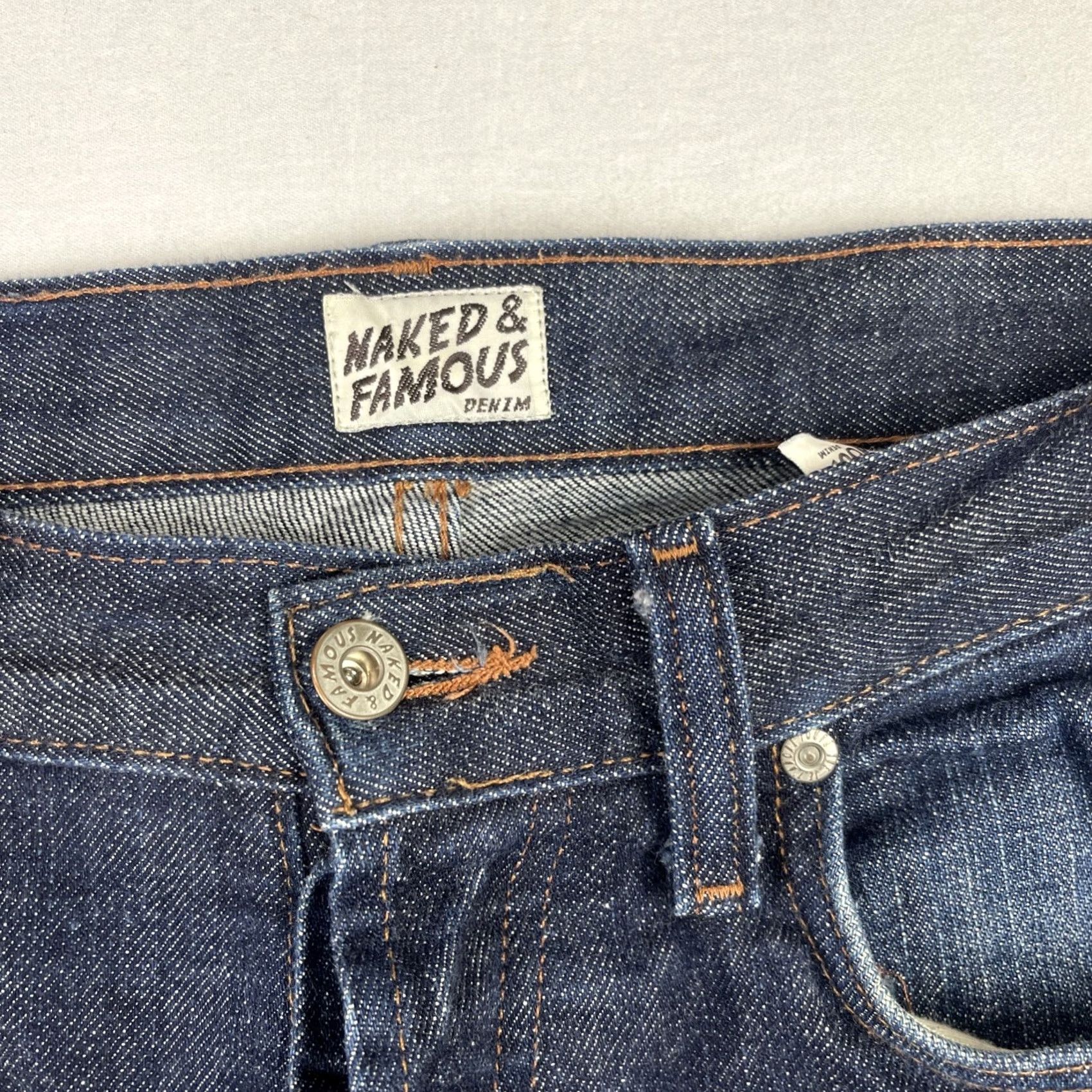 Vintage Naked & Famous Jeans Mens 30 Fits 29x34 Super Skinny Stretch Selvedge Indigo Denim Jeans Slim Men 5-Pocket Logo Button Size US 29 - 5 Thumbnail