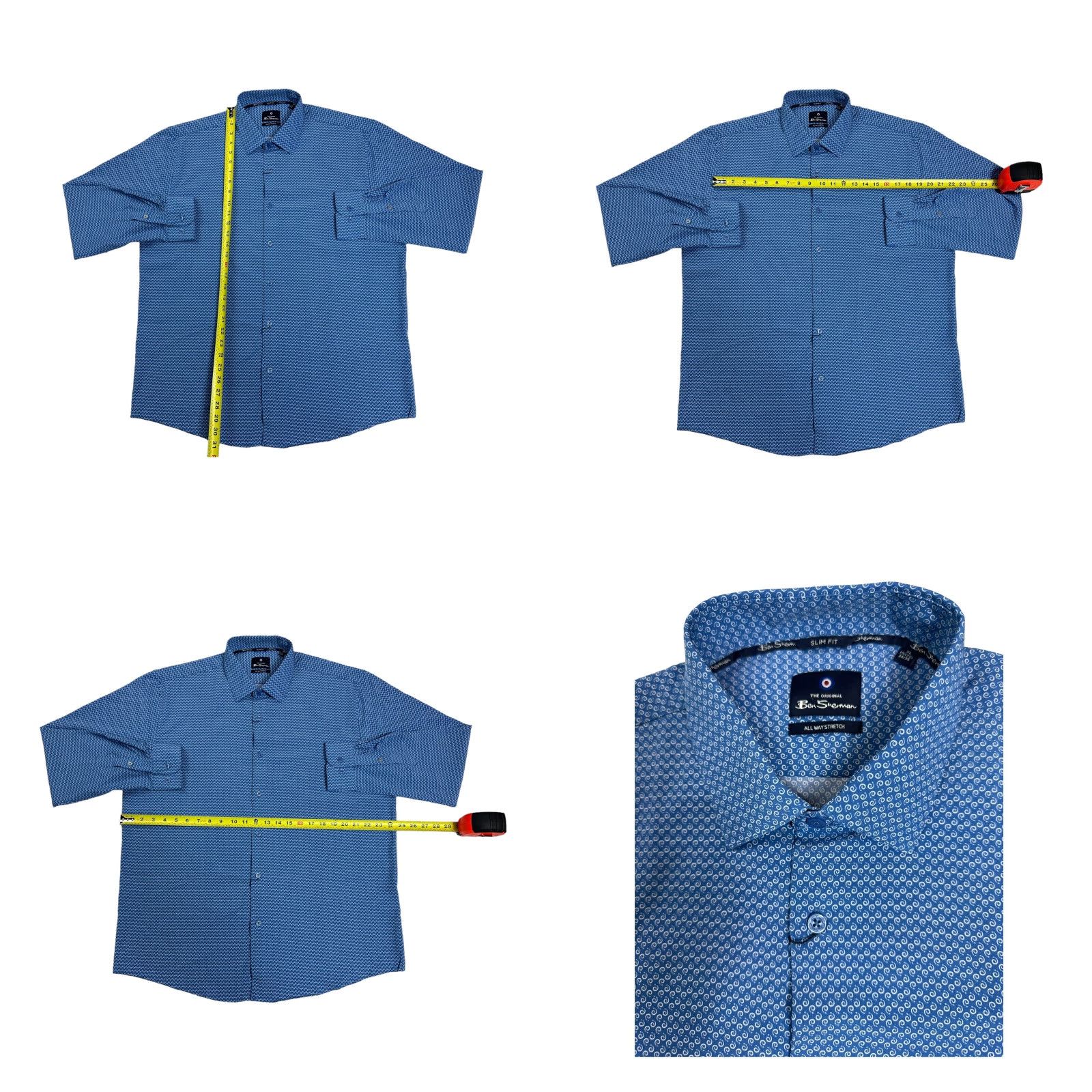 Ben Sherman Mens XL Slim Fit Stretch Geometric Swirls Blue Long Sleeve Button Up Shirt