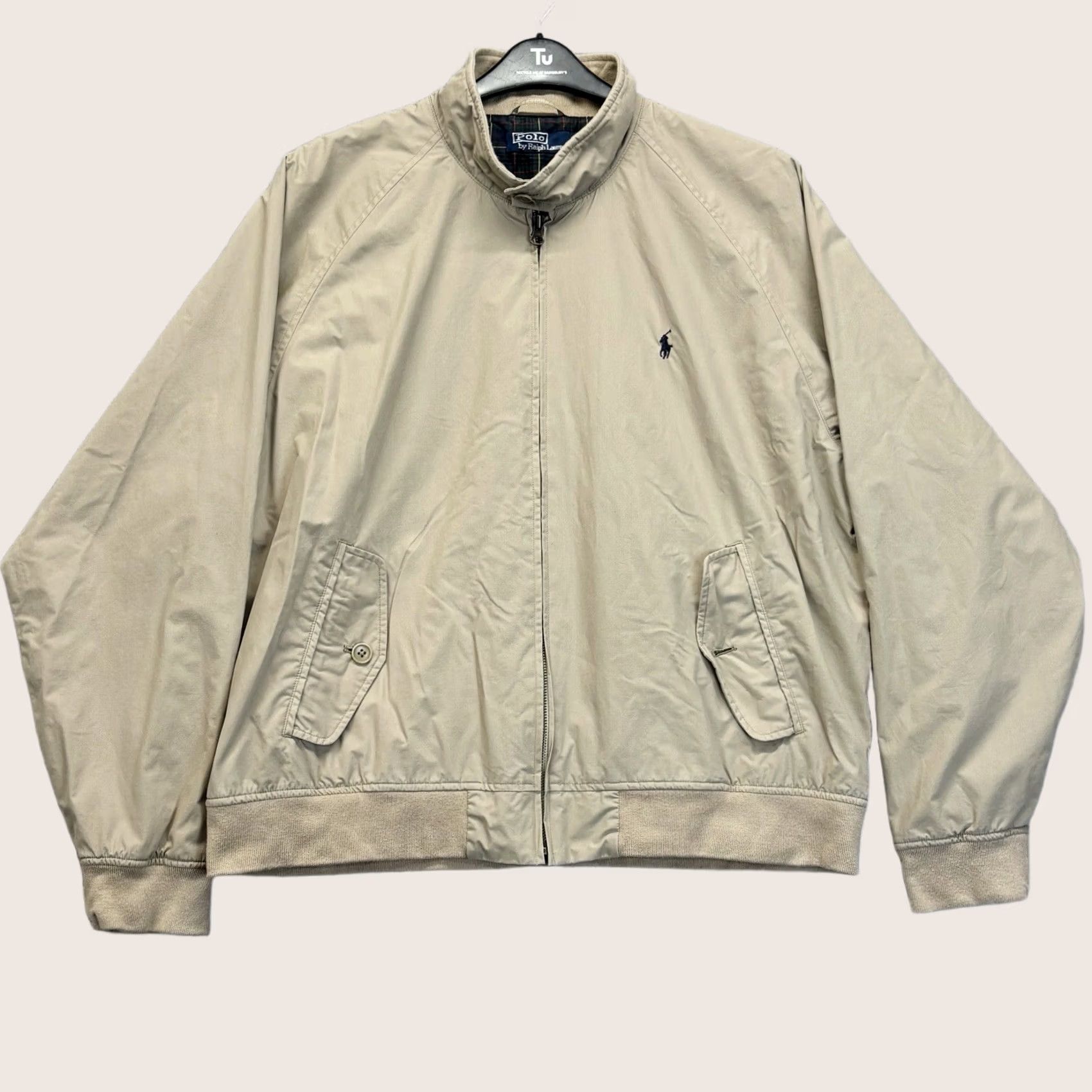 Polo Ralph Lauren VINTAGE? No, omit. Polo Ralph Lauren Bomber Jacket XL Beige Mens Zip Up Navy Horse Used Size US XL / EU 56 / 4 - 1 Thumbnail