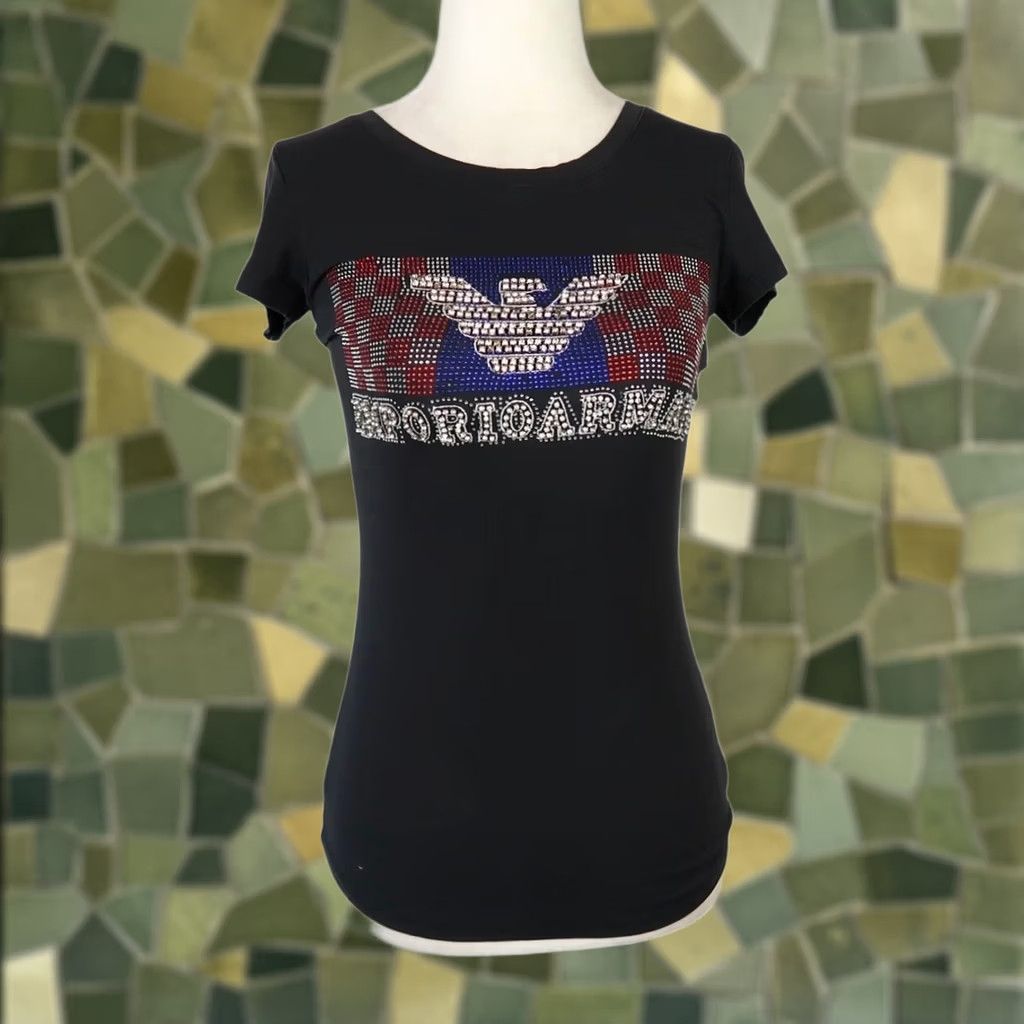 Emporio Armani VINTAGE Emporio Armani Rhinestone Logo T-Shirt Black M Women Short Sleeve Crew Neck Camisole Graphic Size M / US 6-8 / IT 42-44 - 1 Thumbnail