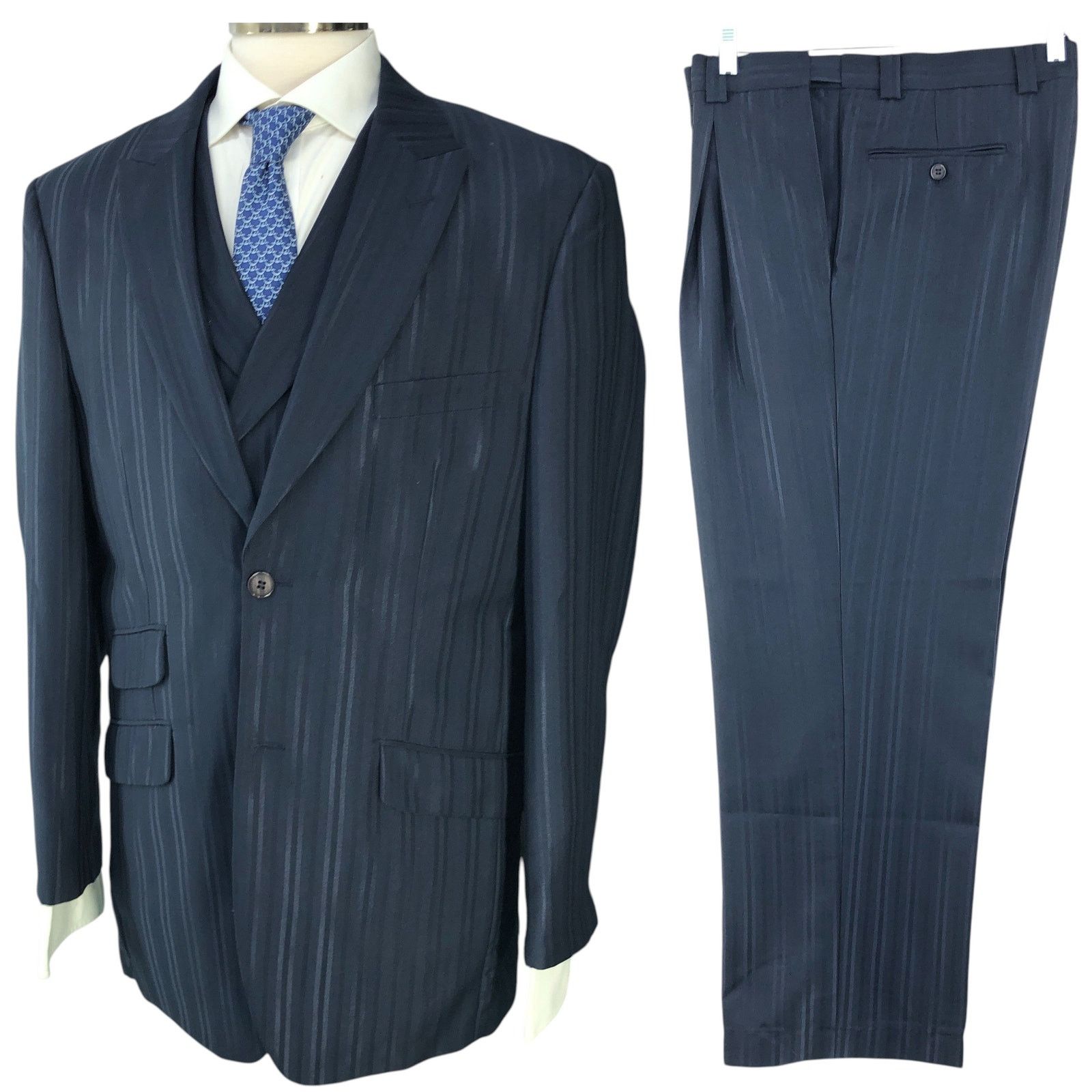 Stacy Adams Stacy Adams Size 40R Suit Three 3 Piece Drop 4 Blue Striped Size 40R - 1 Thumbnail
