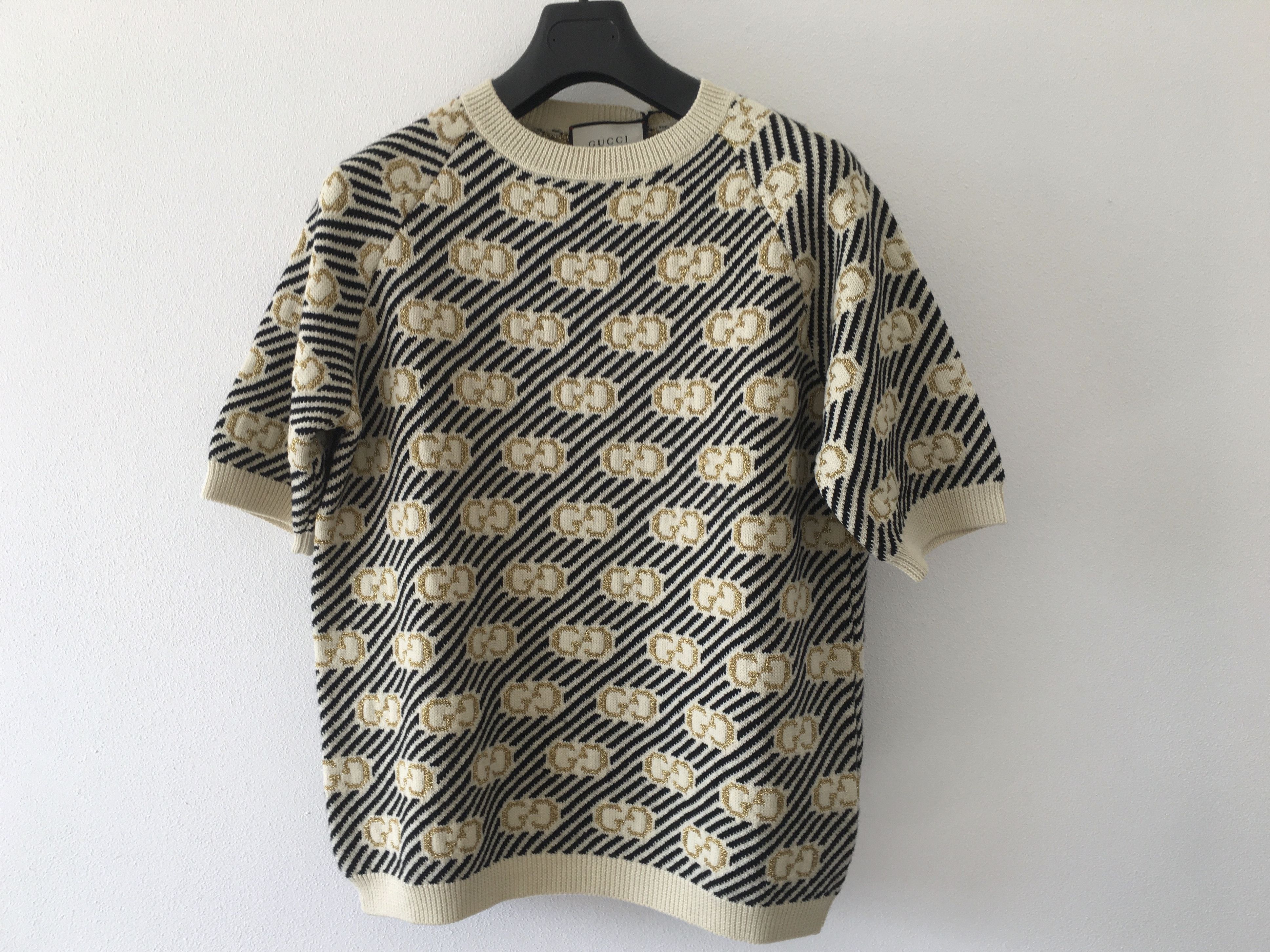 image of Gucci Sweater Top Wool Jacquard in White Black Gold, Women's (Size XS)