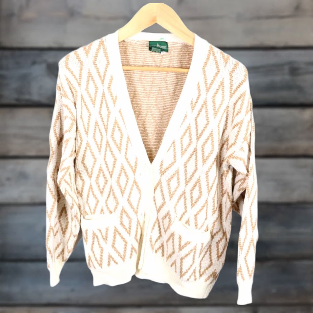 Vintage VINTAGE Boundary Waters Cardigan Womens Medium Ivory Diamond Pattern Sweater 90s Retro Geometric Knit Wool Blend V-Neck Long Sleeve Size M / US 6-8 / IT 42-44 - 1 Thumbnail