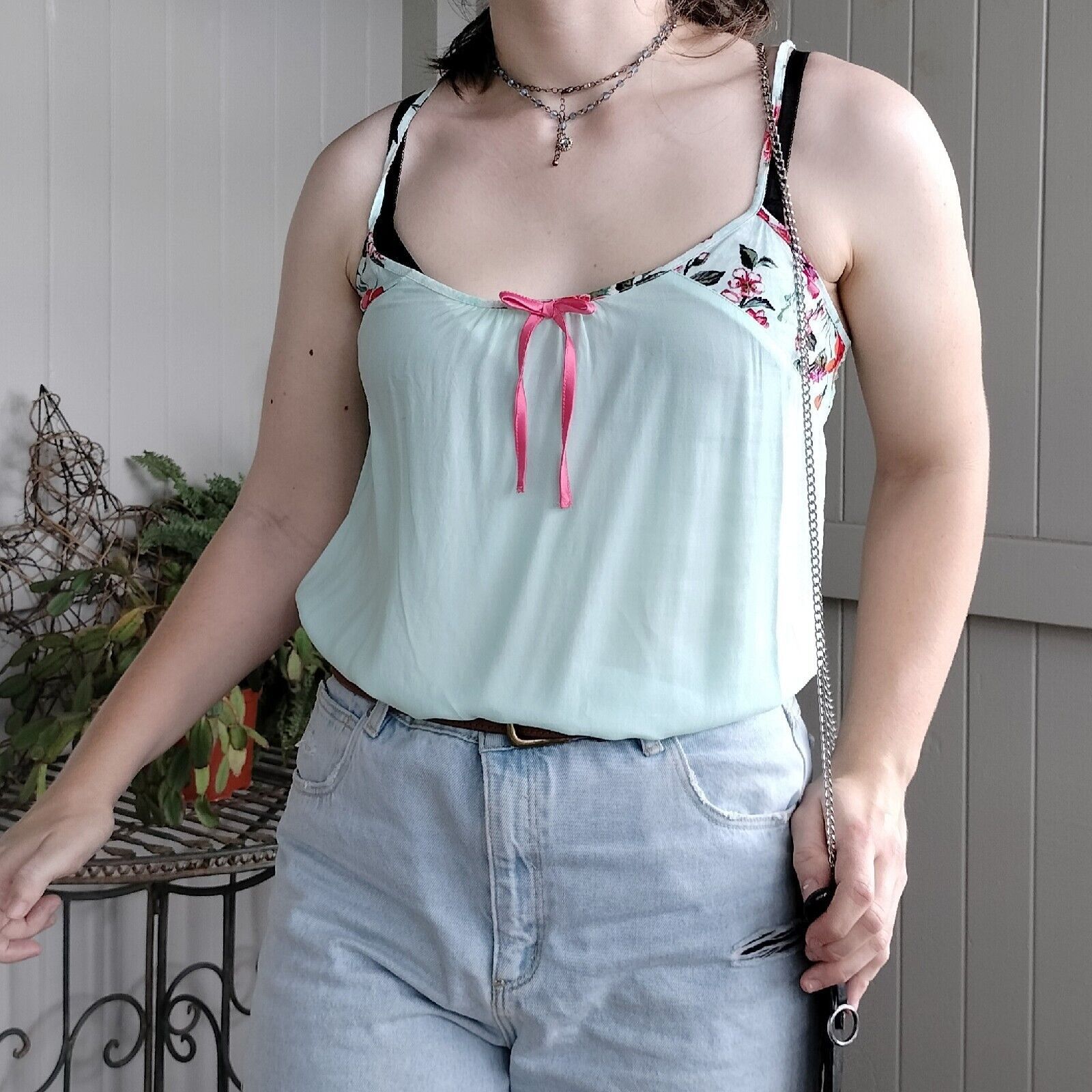 Designer Bras N Things Pyjama Cami Tank Top Mint Green Floral Lace Size M / US 6-8 / IT 42-44 - 2 Thumbnail