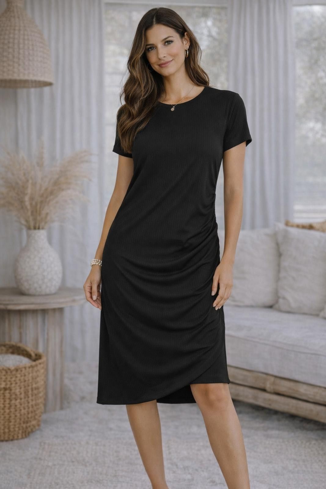 Other INC Black Ruched Dress XL Ribbed Stretch Mexico Size XL / US 12-14 / IT 48-50 - 1 Thumbnail