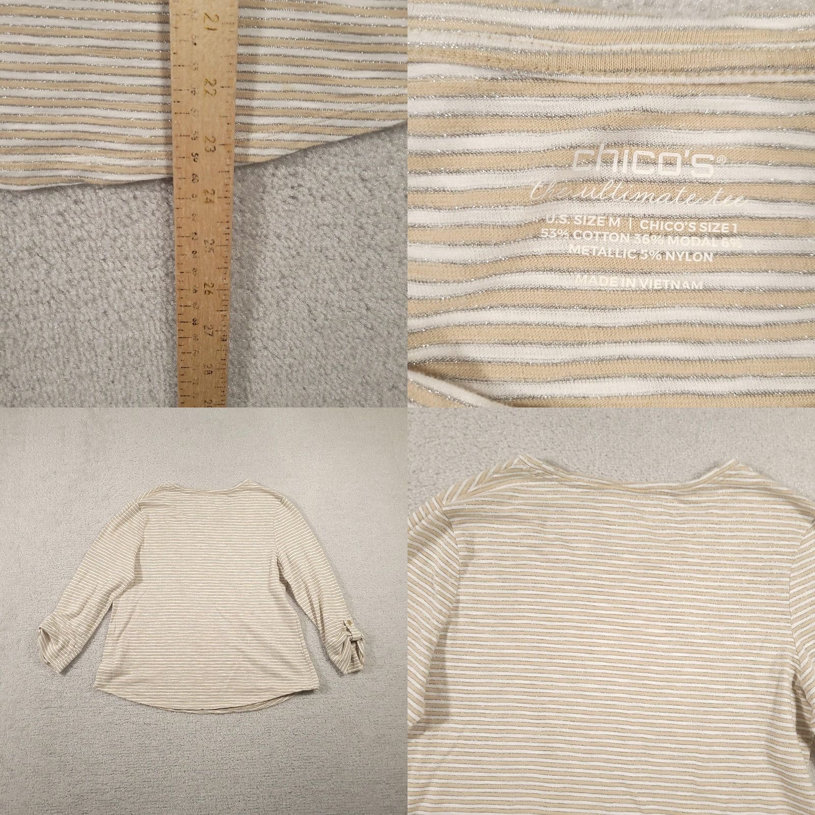 Vintage Chico's Ultimate Tee Shirt Womens M Beige White Stripe Metallic Tab Sleeve Shirt Size M / US 6-8 / IT 42-44 - 8 Thumbnail