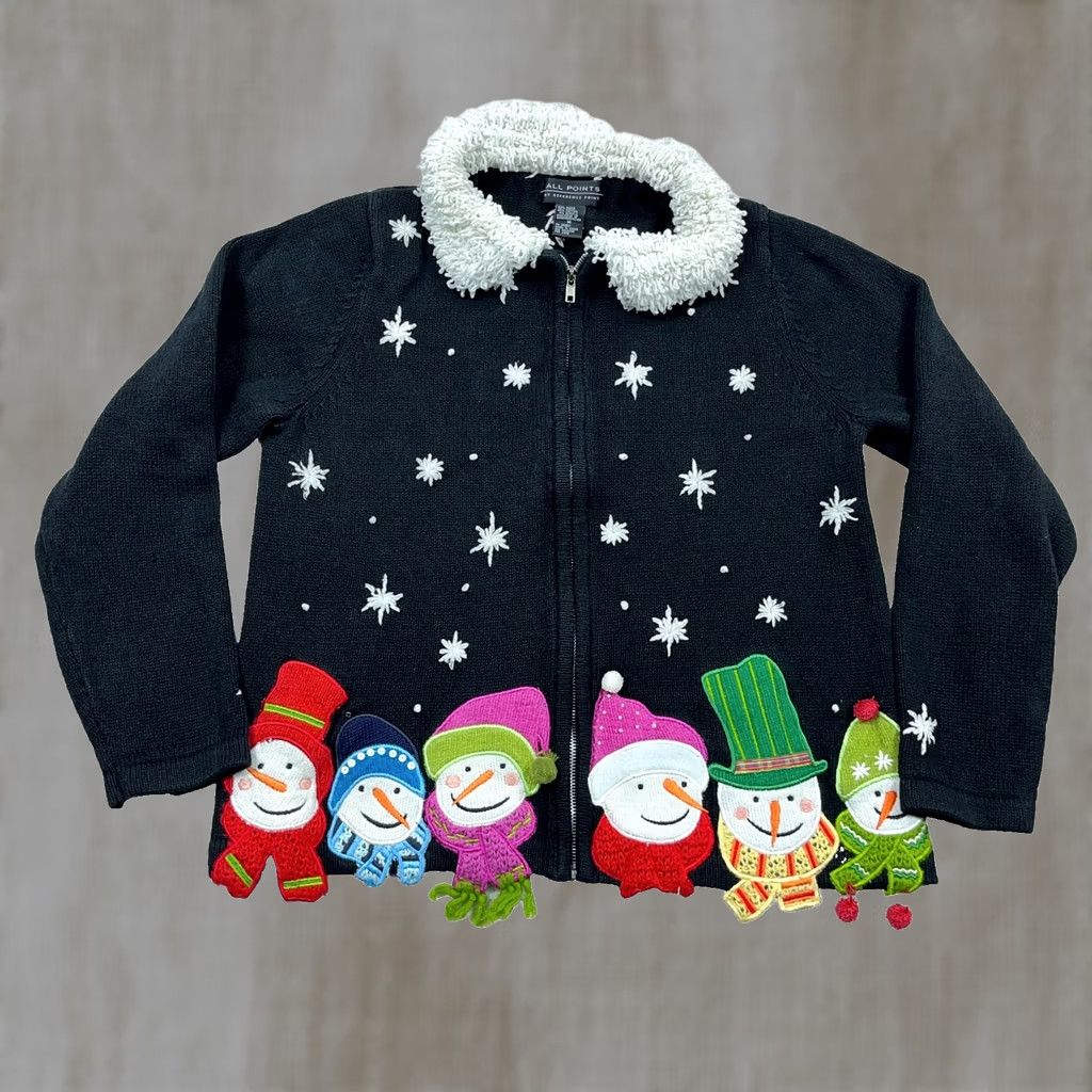 Vintage VINTAGE Christmas Cardigan Sweater Women M Black Winter Snowman Snowflakes Embroidered Full Zip 90s Holiday Retro Cardigan Size M / US 6-8 / IT 42-44 - 1 Thumbnail
