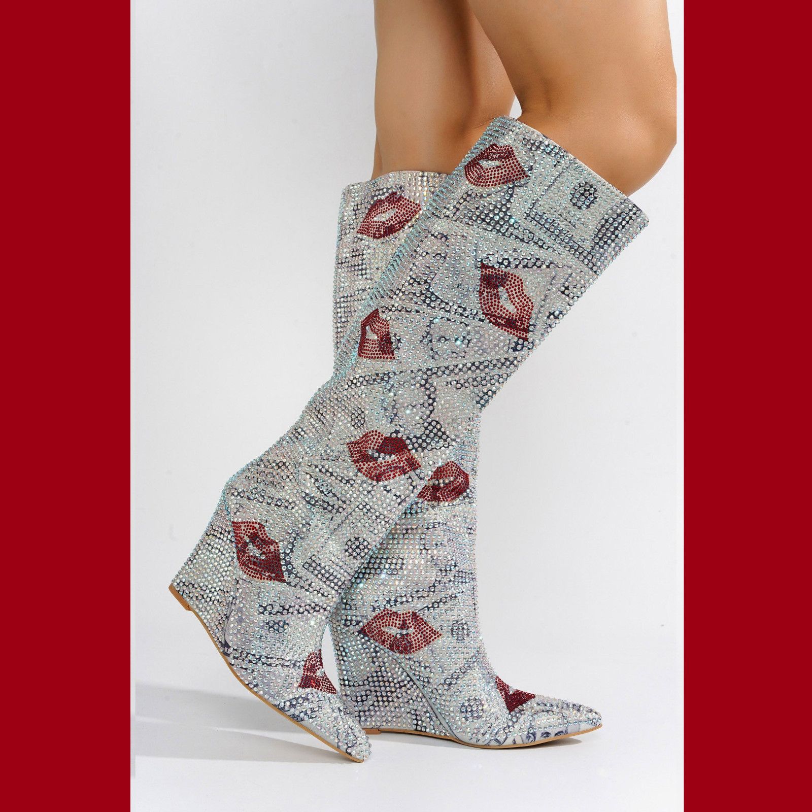 Other Kisses Silver Rhinestone Kiss Print Wedge Heel Knee Boots NE Size US 6.5 / IT 36.5 - 1 Thumbnail