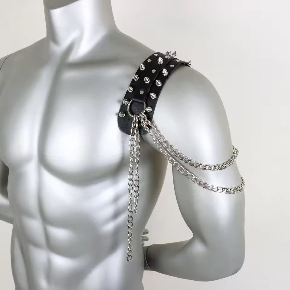 Japanese Brand Black PU Leather Spiked Shoulder Harness Epaulet Chain Size ONE SIZE - 5 Thumbnail
