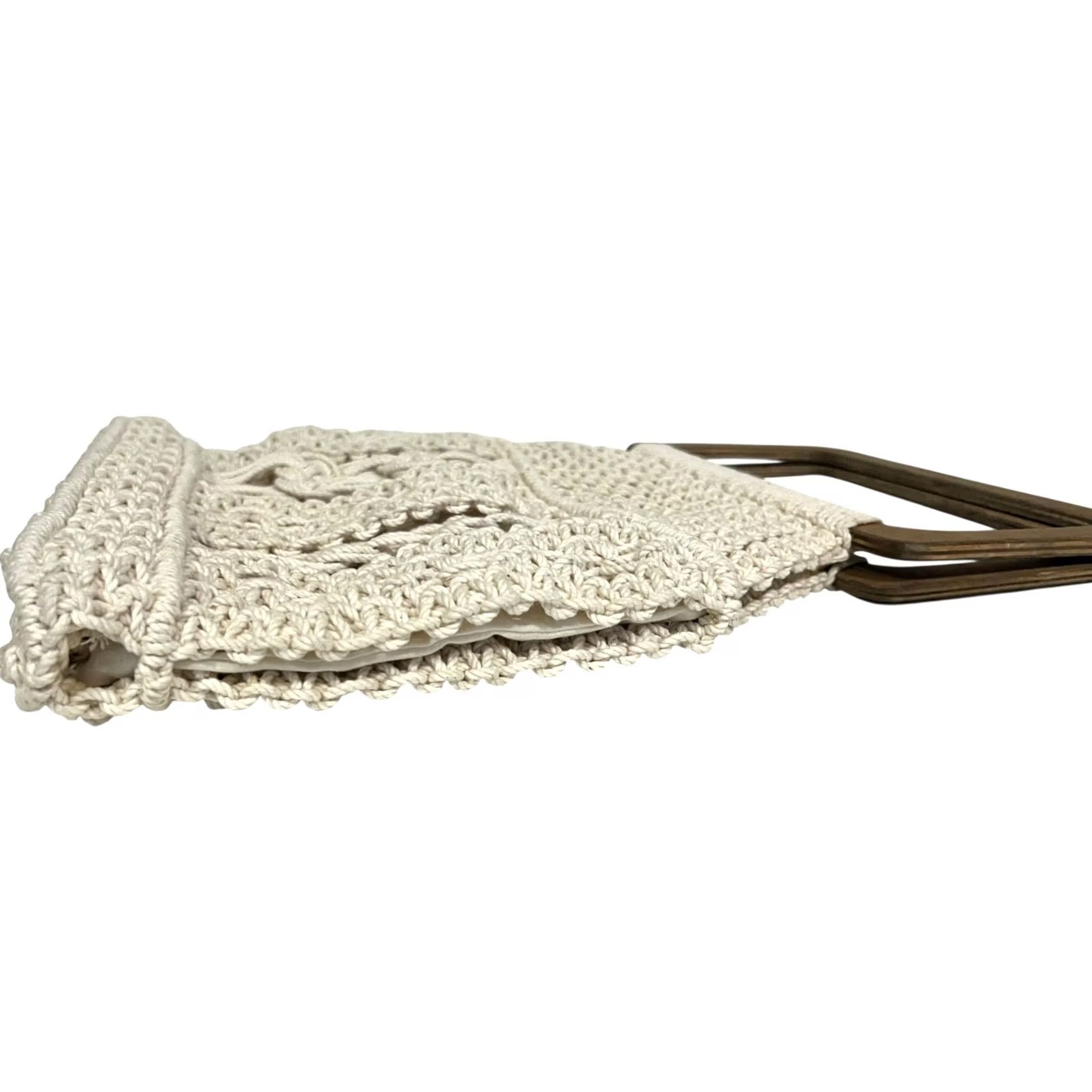 Vintage VINTAGE Macrame Crochet Purse Handbag Wood Handles Cream Ivory Cotton Handbag Womens Top Handle Bag Casual Party/Cocktail Brown Wood 10" wide 10" tall Size ONE SIZE - 4 Thumbnail