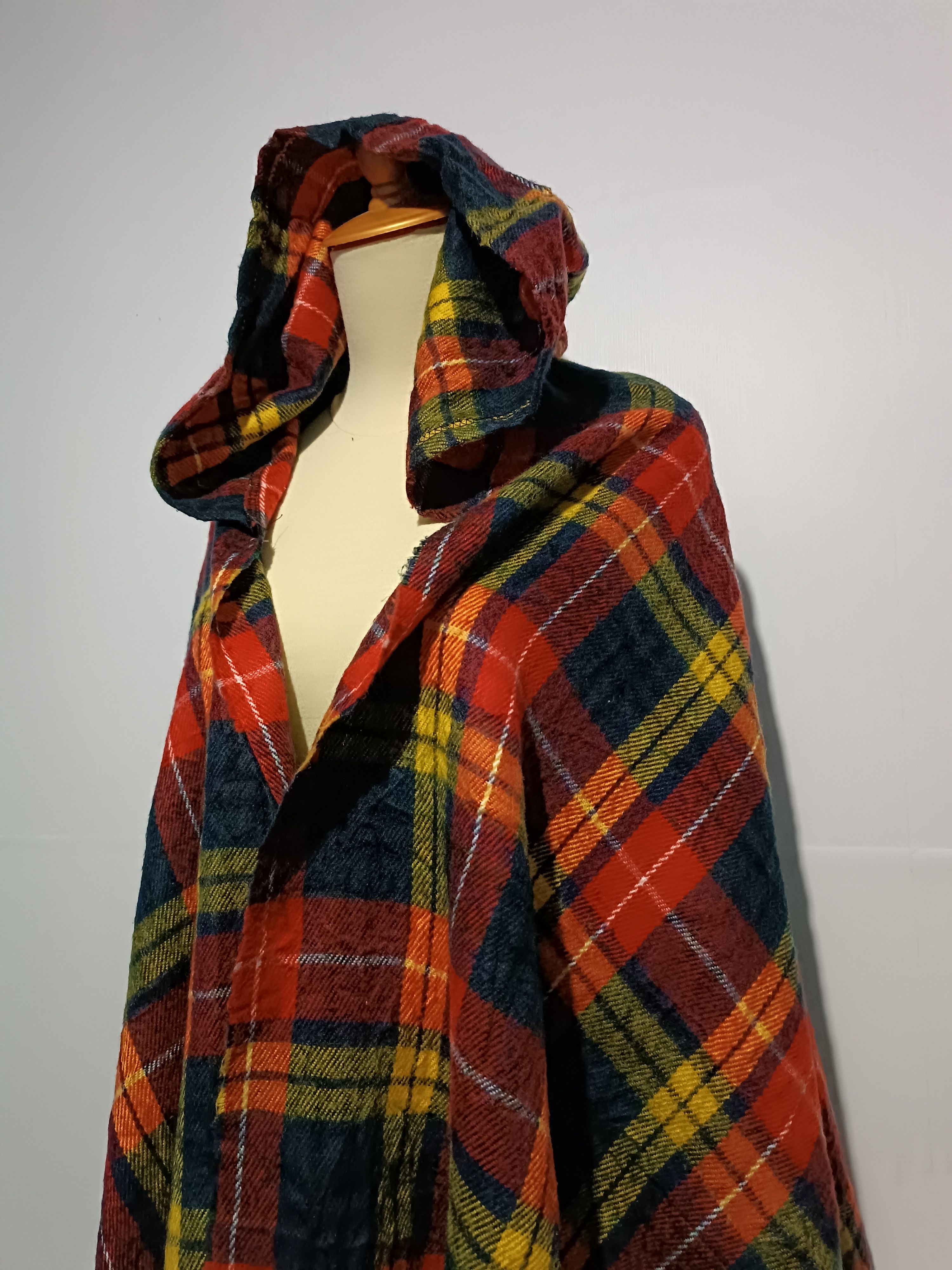 Japanese Brand Wool Blanket Poncho Cape With Hood Rainbow Plaid Size ONE SIZE - 2 Thumbnail
