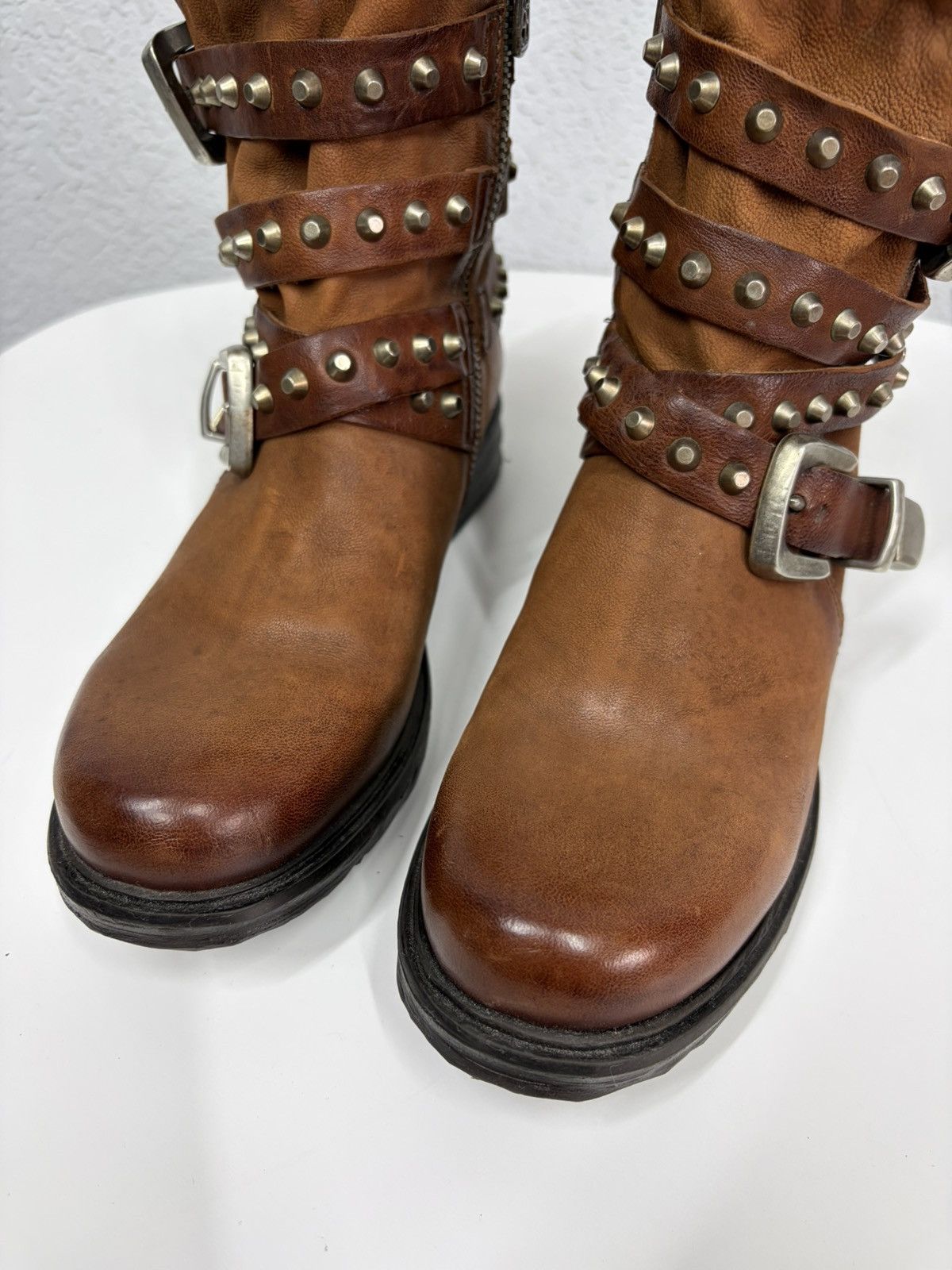 If Six Was Nine Brown Leather Studded Harness Boots Multi-Strap Biker Boots Size US 8 / IT 38 - 11 Thumbnail