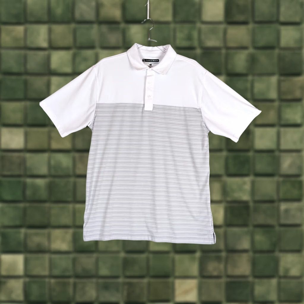 Vintage Pebble Beach Dry-Luxe Performance Polo Shirt Mens Large Gray White Striped Breathable Easy Care Golf Tennis Shirt Size US L / EU 52-54 / 3 - 1 Thumbnail