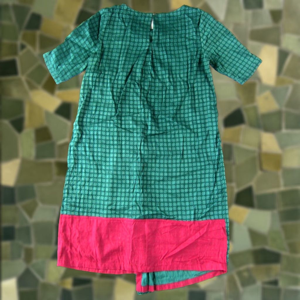 Pinko VINTAGE Fabindia Kurta Dress Short Sleeve Green Pink Gold Cotton Midi Dress Medium Womens Size 32" / US 10 / IT 46 - 1 Thumbnail