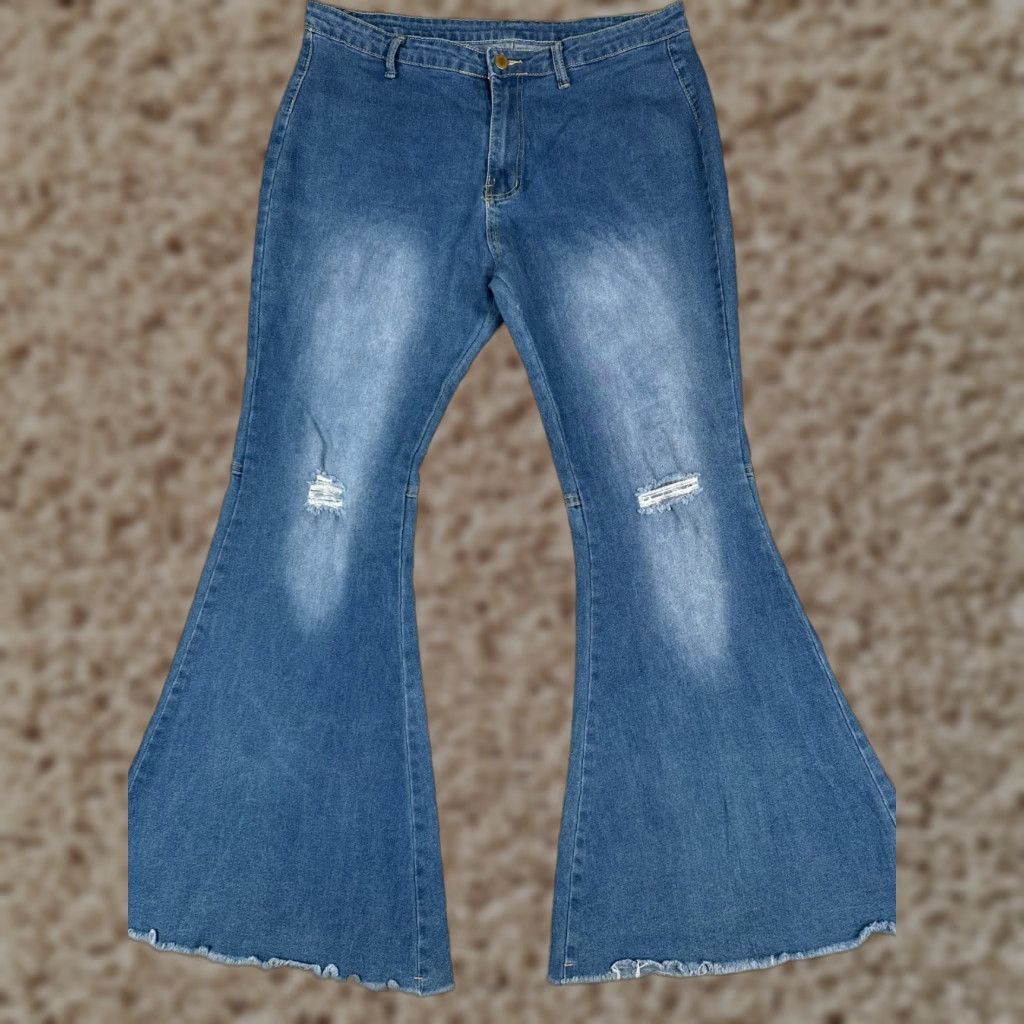 Vintage Shyanne Womens Jeans 35 Blue Denim High Rise Distressed Wide Flare 35x31 Size 24" / US 00 / IT 34 - 1 Thumbnail