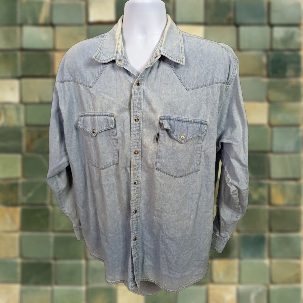Wrangler VINTAGE Wrangler Denim Pearl Snap Cowboy Western Shirt Mens XL Blue 17-17.5 T2F Western Mens XL Blue Pearl Snap Shirt Size US XL / EU 56 / 4 - 1 Thumbnail