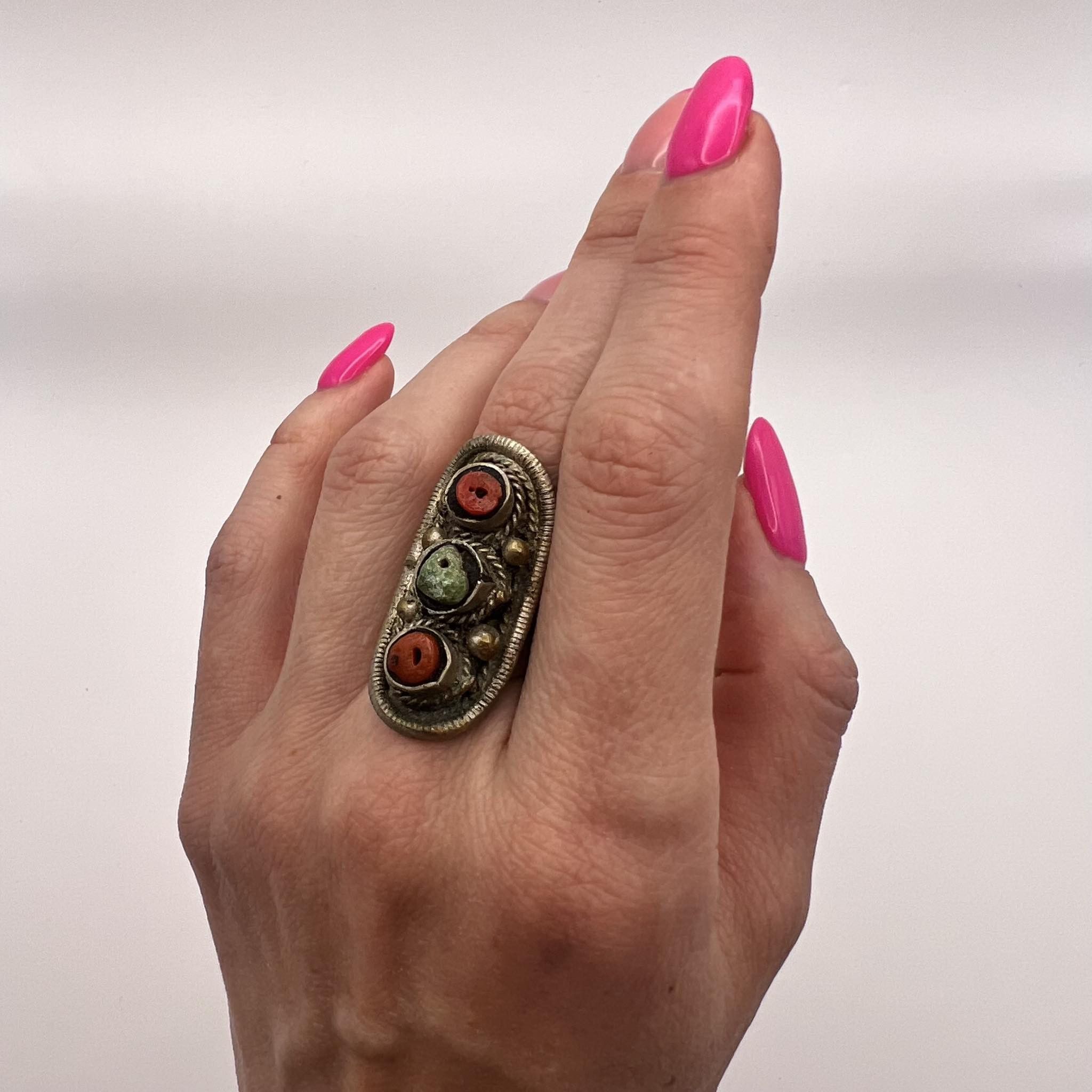 Antique Ethnic Bedouin Yemen Coral Turquoise Handmade Ring