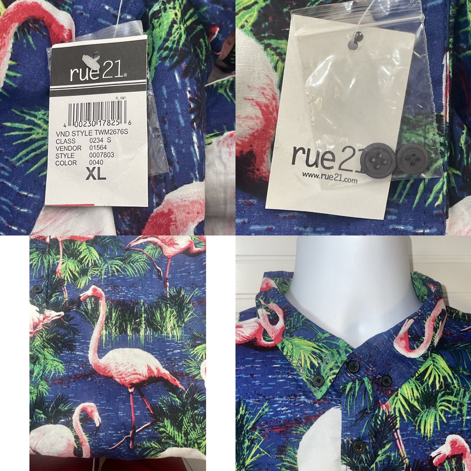 Carbon VINTAGE Hawaiian Shirt Pink Flamingos Men XL Carbon Rue 21 NWT Navy Graphic Print Short Sleeve Button-Up Size US L / EU 52-54 / 3 - 9 Thumbnail