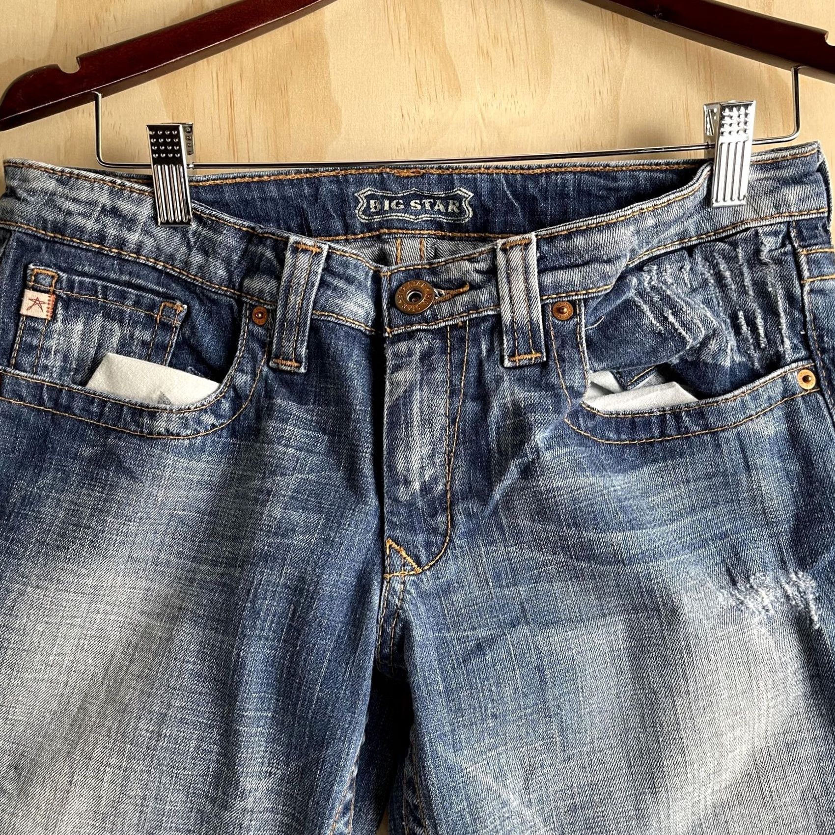 Vintage Big Star Casey Jeans Womens 31R Medium Wash Blue Cropped Distressed Embroidered Size 24" / US 00 / IT 34 - 2 Thumbnail